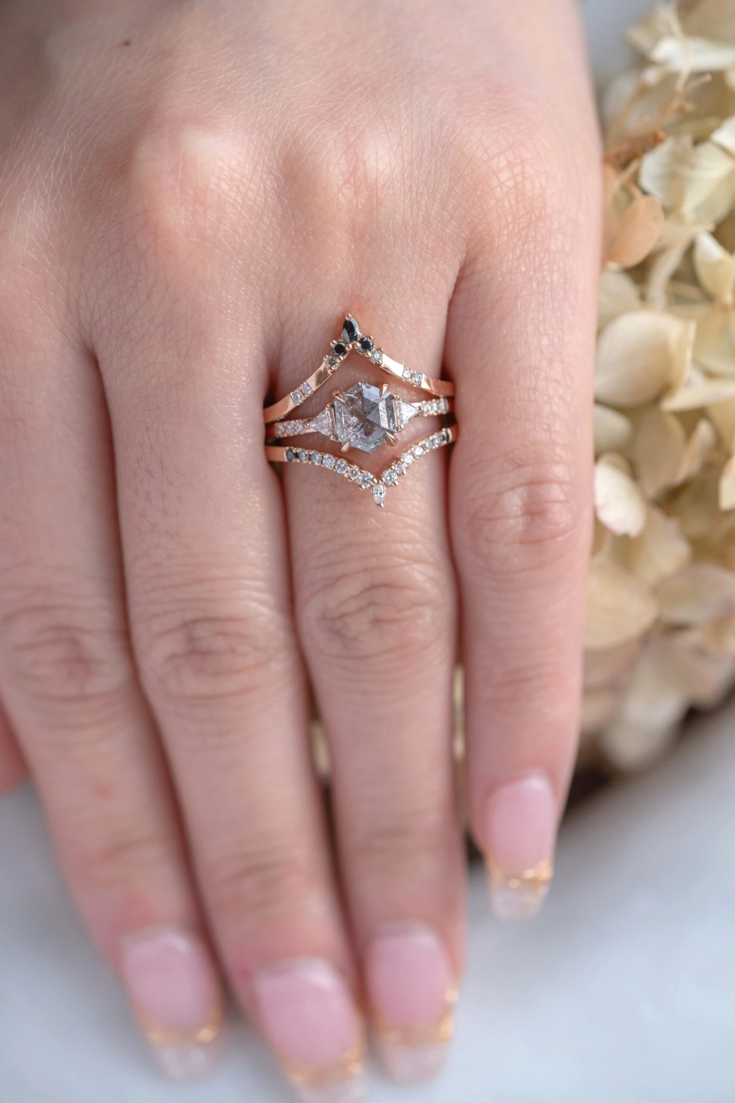 1.25 Carat Salt And Pepper Hexagon Diamond Engagement Ring, Eliza Setting, 14k Rose Gold - Image 2