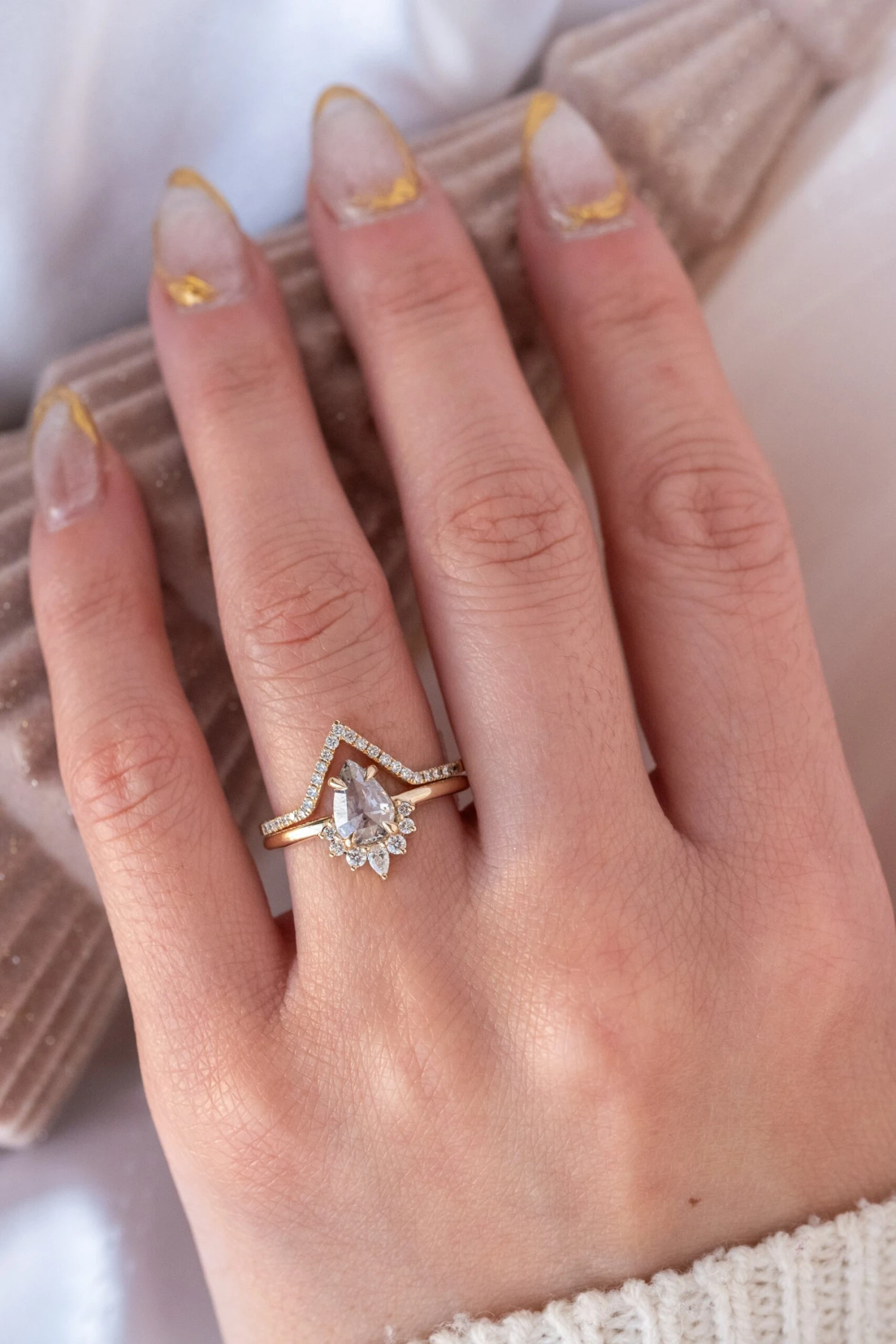 .82 Carat Icy Salt And Pepper Pear Diamond Engagement Ring, Ava Setting, 14K Yellow Gold - Image 2