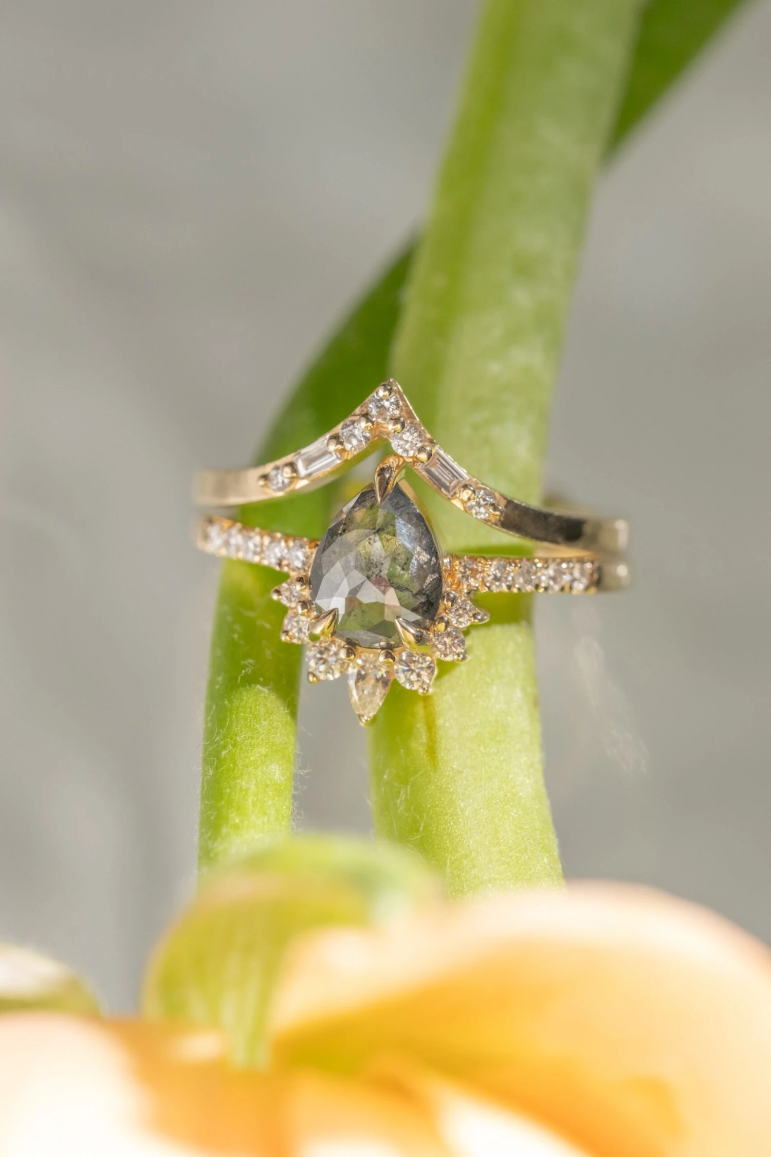 1.31 Carat Black Speckled Pear Diamond Engagement Ring, Avaline Setting, 14K Yellow Gold - Image 3