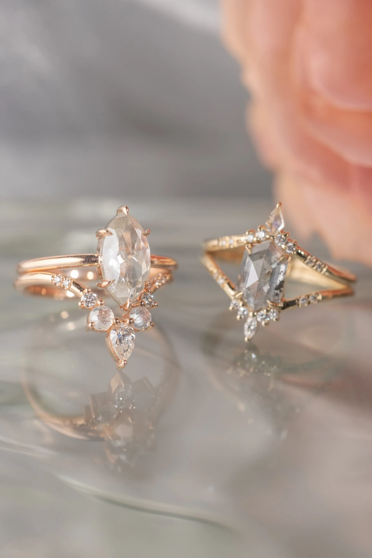 1.74 Carat Salt And Pepper Hexagon Diamond Engagement Ring, Flora Setting, 14k Yellow Gold - Image 3