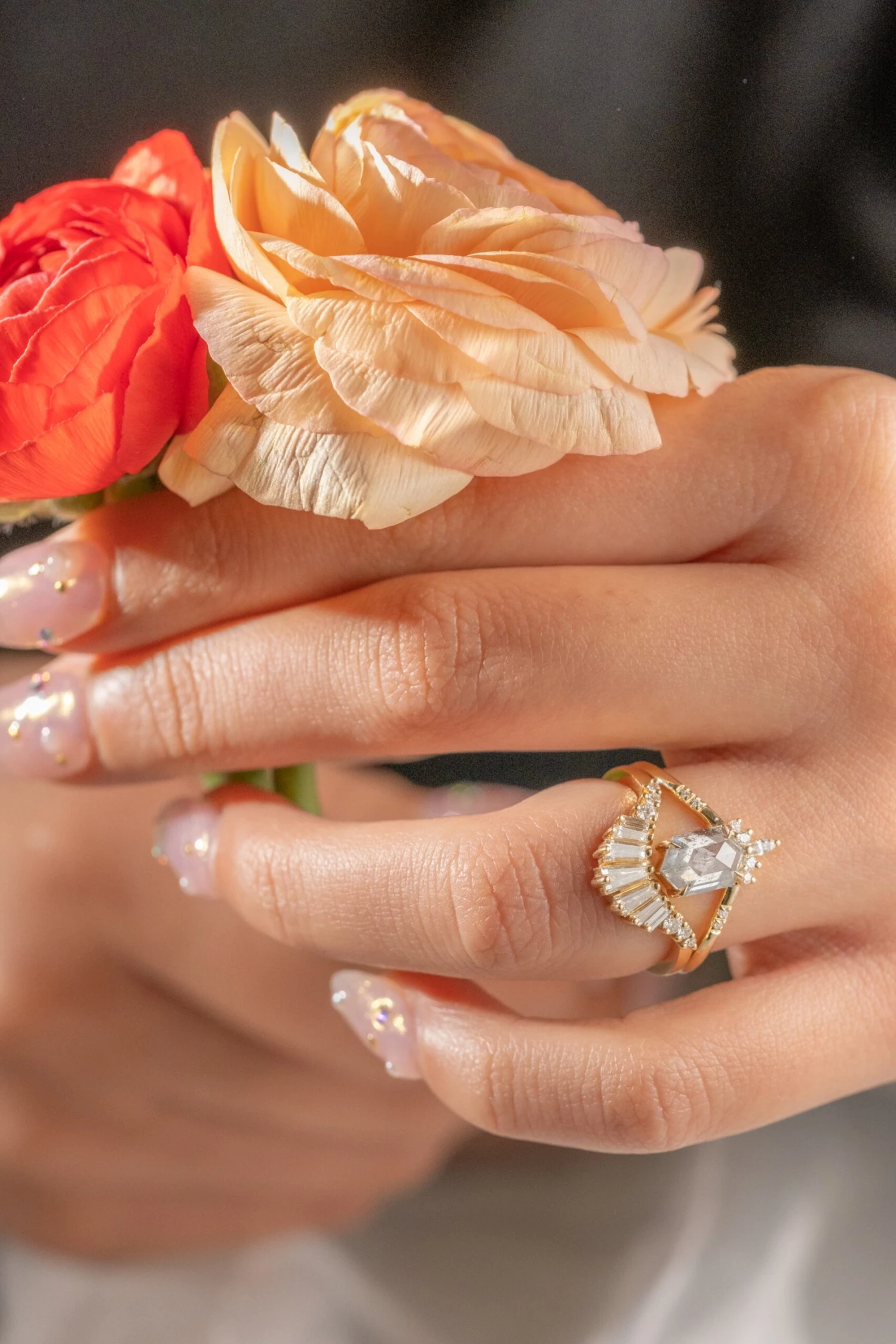 1.74 Carat Salt And Pepper Hexagon Diamond Engagement Ring, Flora Setting, 14k Yellow Gold - Image 2