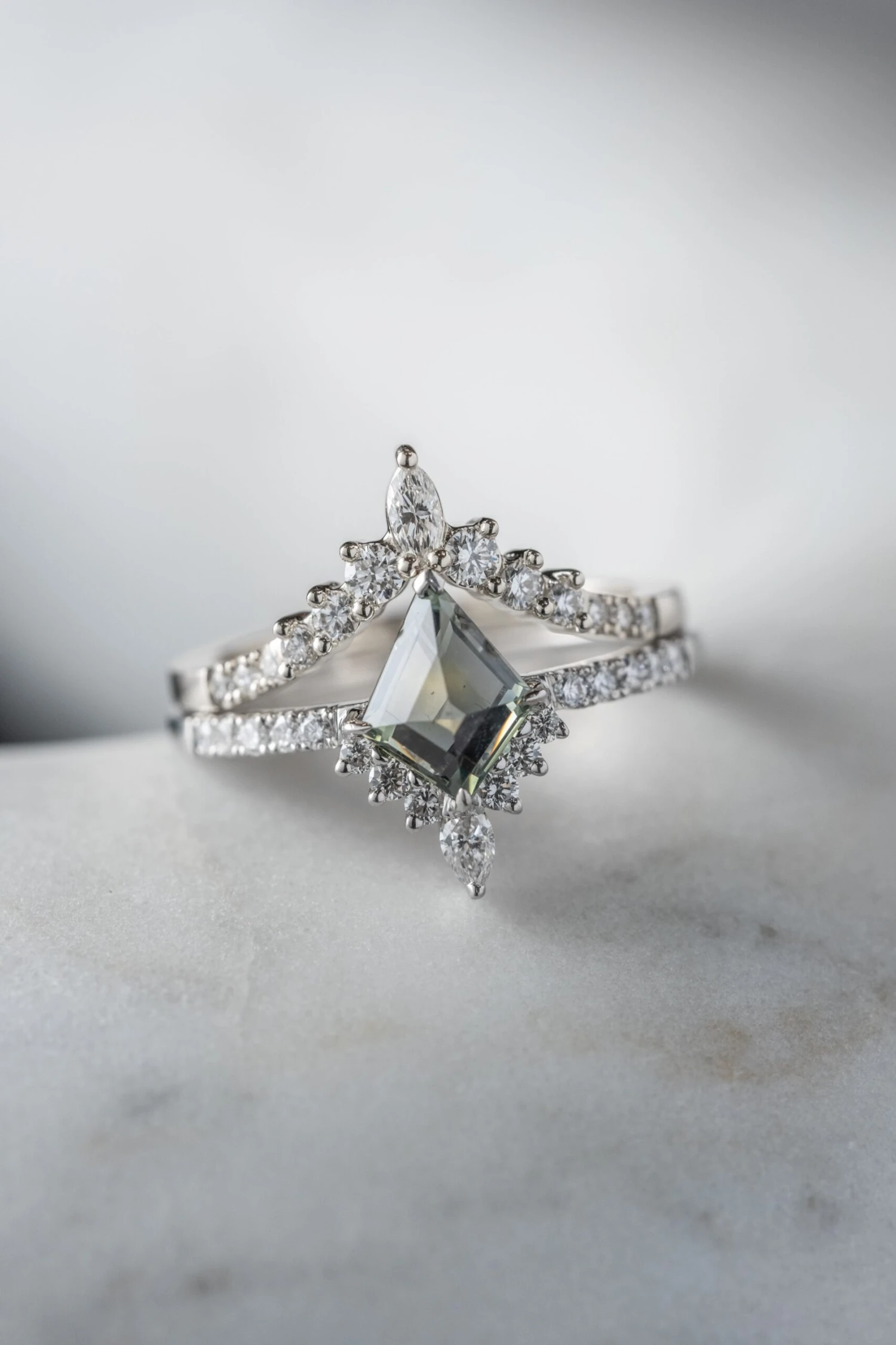 1.25 Carat Green Kite Sapphire And Diamond Engagement Ring, Avaline Setting, Platinum - Image 3