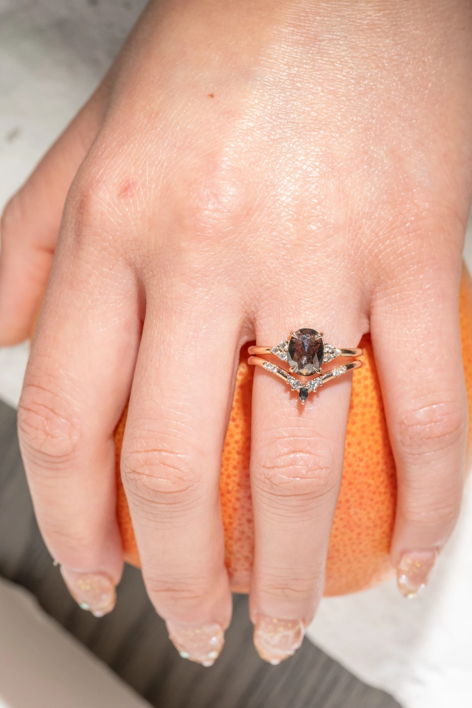 1.17 Carat Black Speckled Oval Diamond Engagement Ring, Quinn Setting, 14K Peach Gold - Image 2
