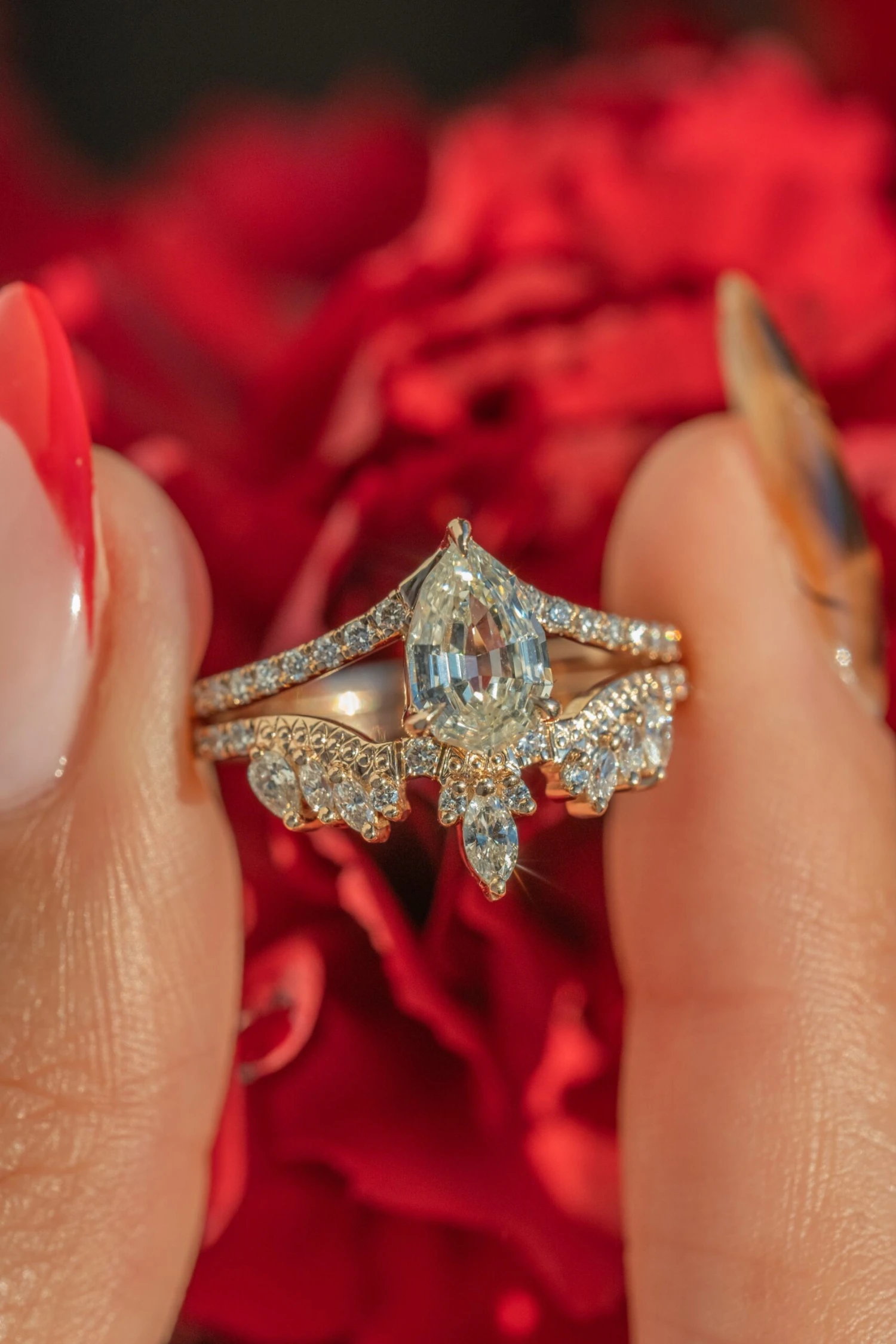 1.16 Carat Clear Geo Pear Diamond Engagement Ring, Aziza Setting, 14K Peach Gold - Image 5