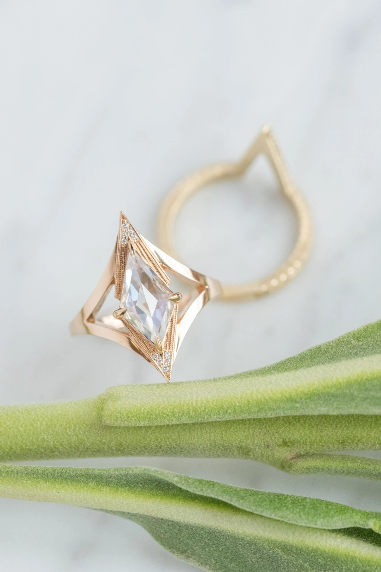 1.03 Carat Kite Moissanite And Diamond Engagement Ring, Arwen Setting, 14k Peach Gold - Image 3