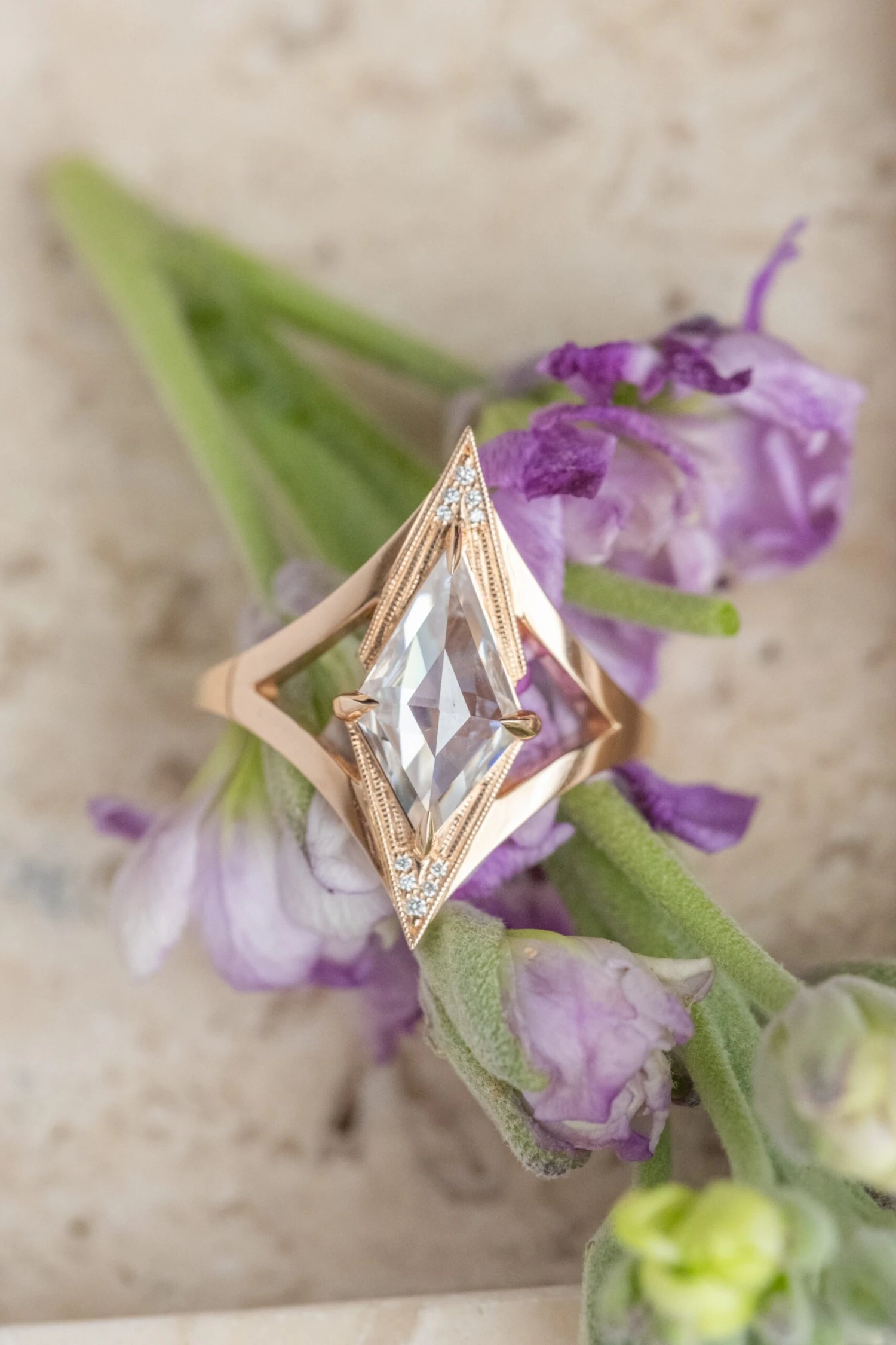 1.03 Carat Kite Moissanite And Diamond Engagement Ring, Arwen Setting, 14k Peach Gold - Image 4