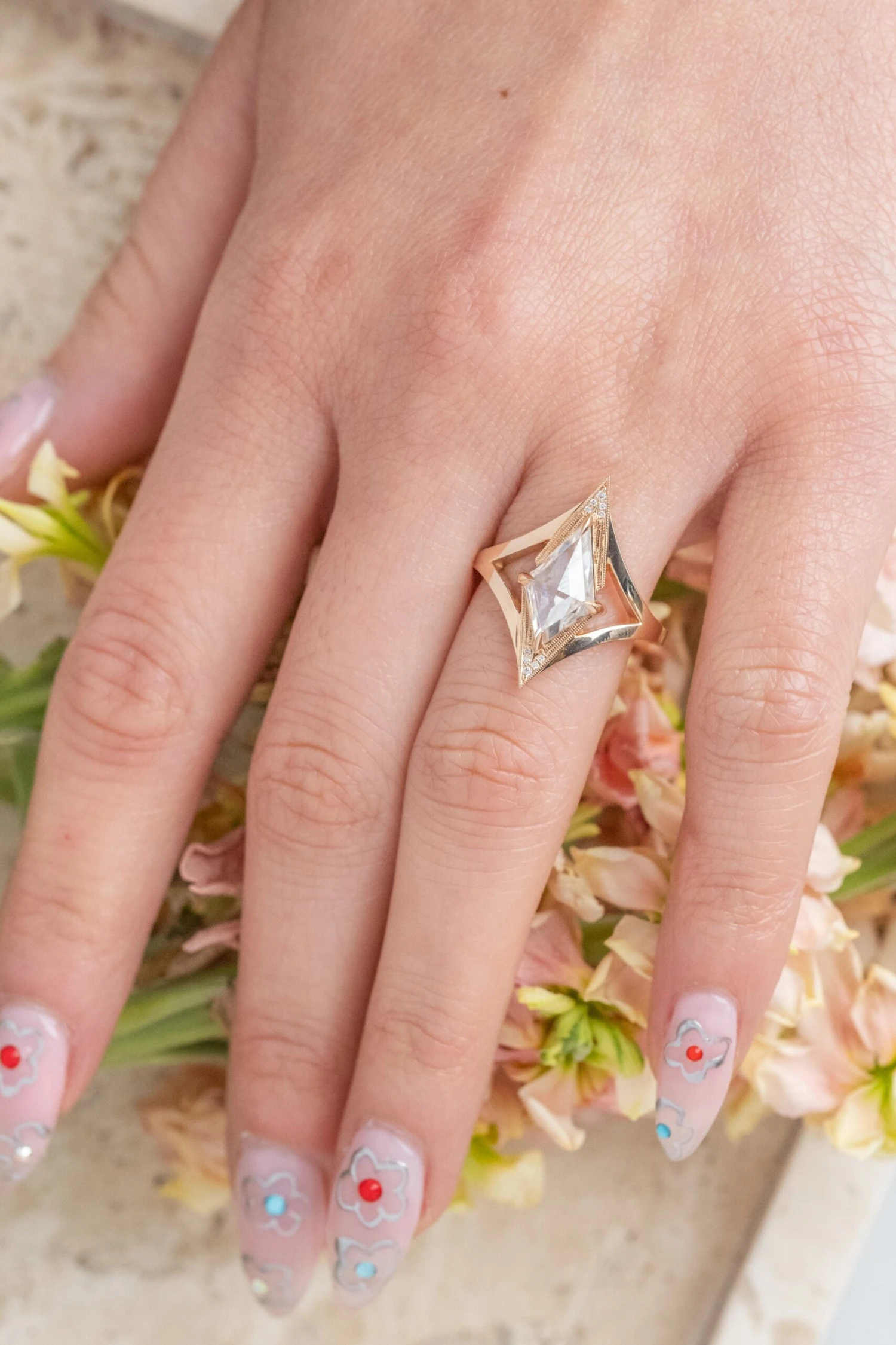 1.03 Carat Kite Moissanite And Diamond Engagement Ring, Arwen Setting, 14k Peach Gold - Image 2