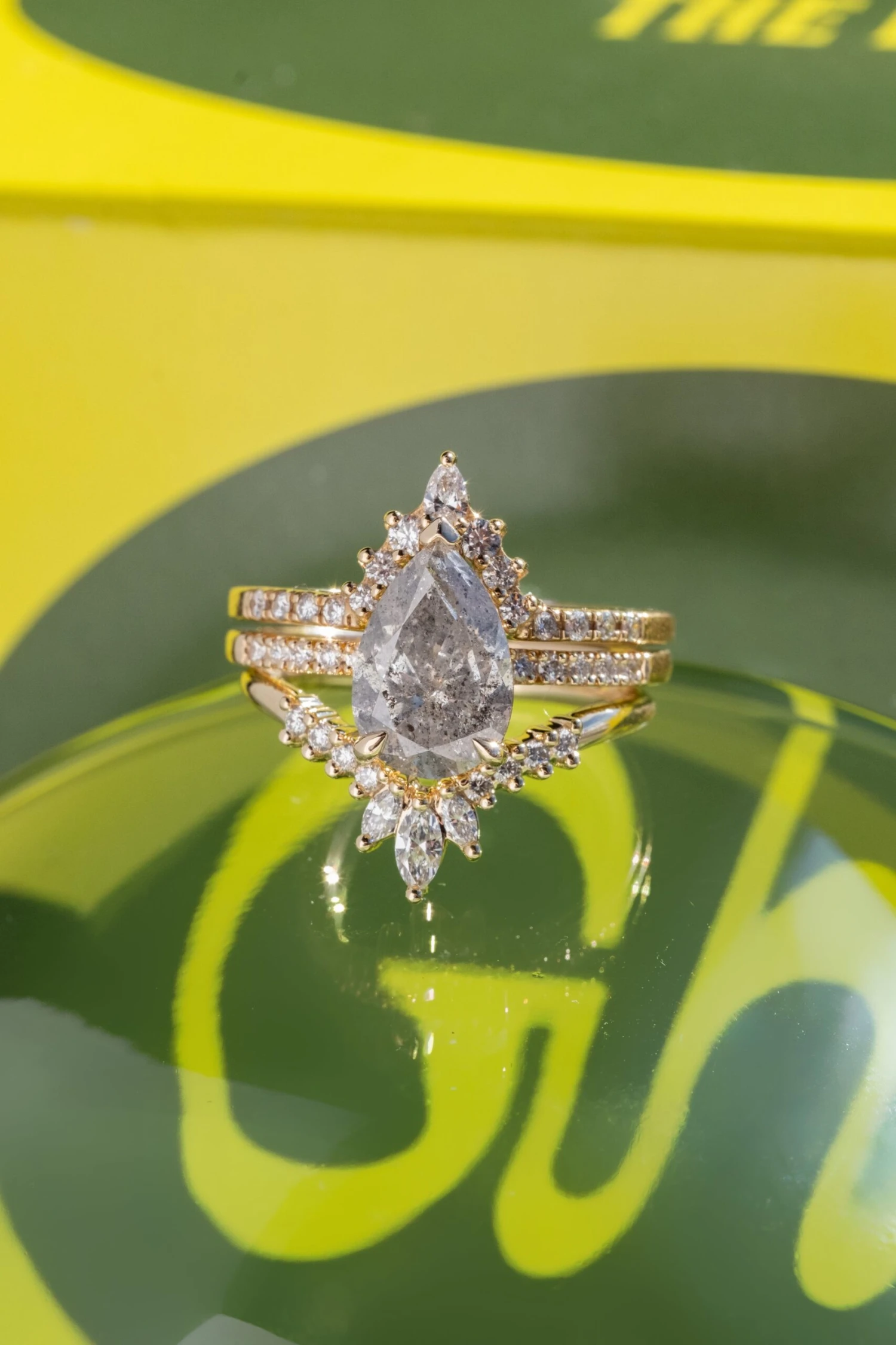 2.15 Carat Salt And Pepper Pear Diamond Engagement Ring, Sirena Setting, 14K Yellow Gold - Image 3