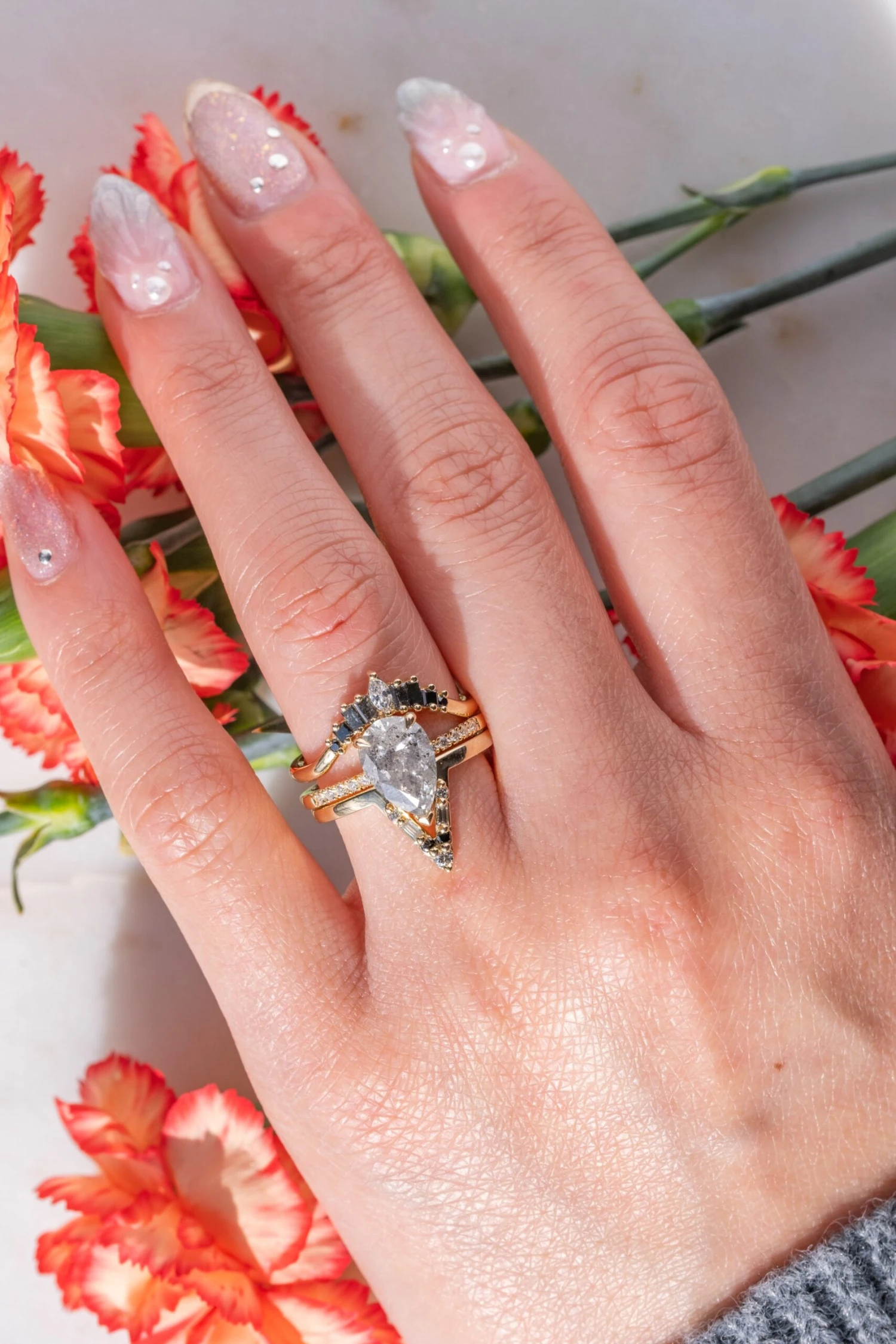 2.15 Carat Salt And Pepper Pear Diamond Engagement Ring, Sirena Setting, 14K Yellow Gold - Image 2