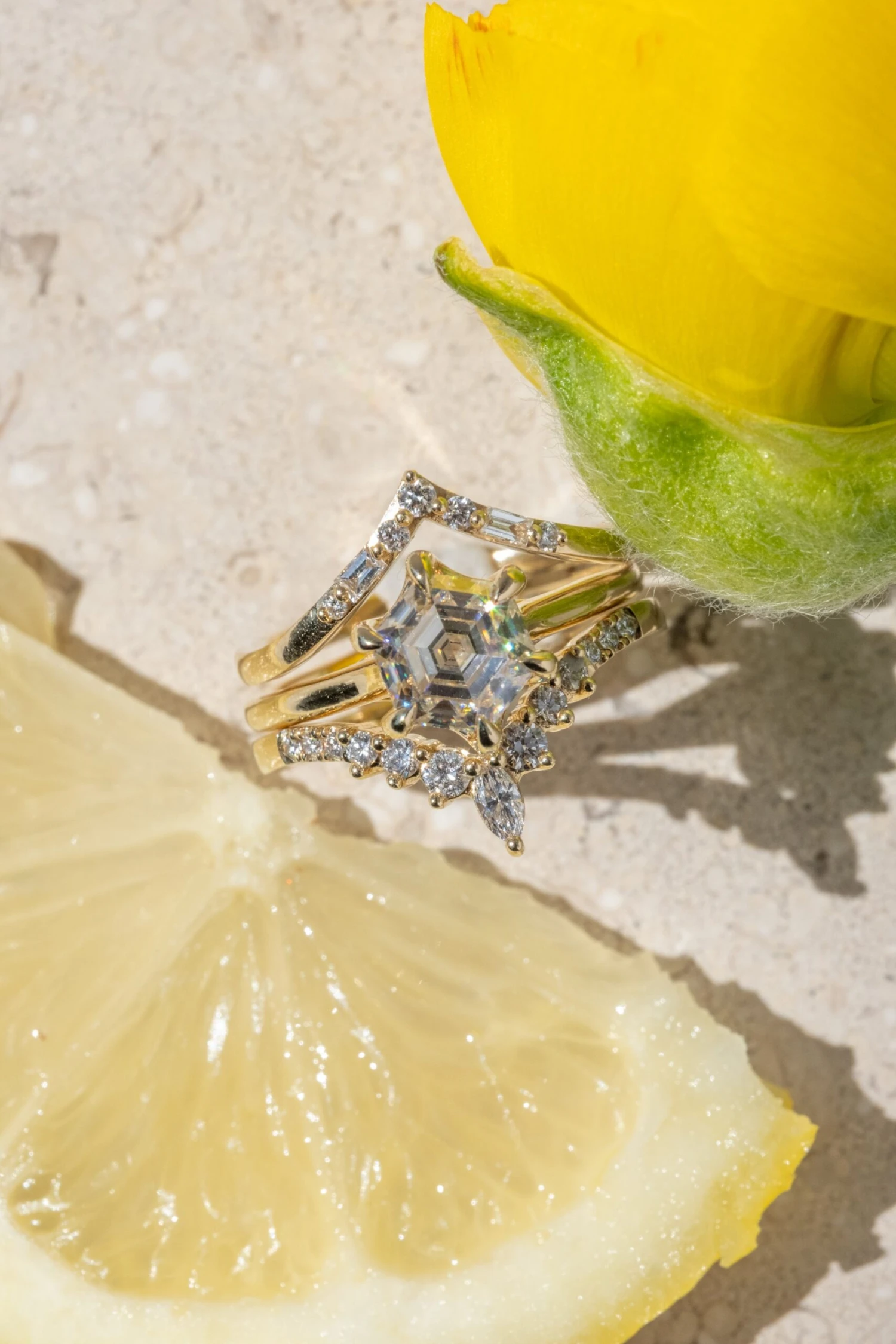 2.02 Carat Hexagon Moissanite Engagement Ring, Madeline Setting, 14k Yellow Gold - Image 3