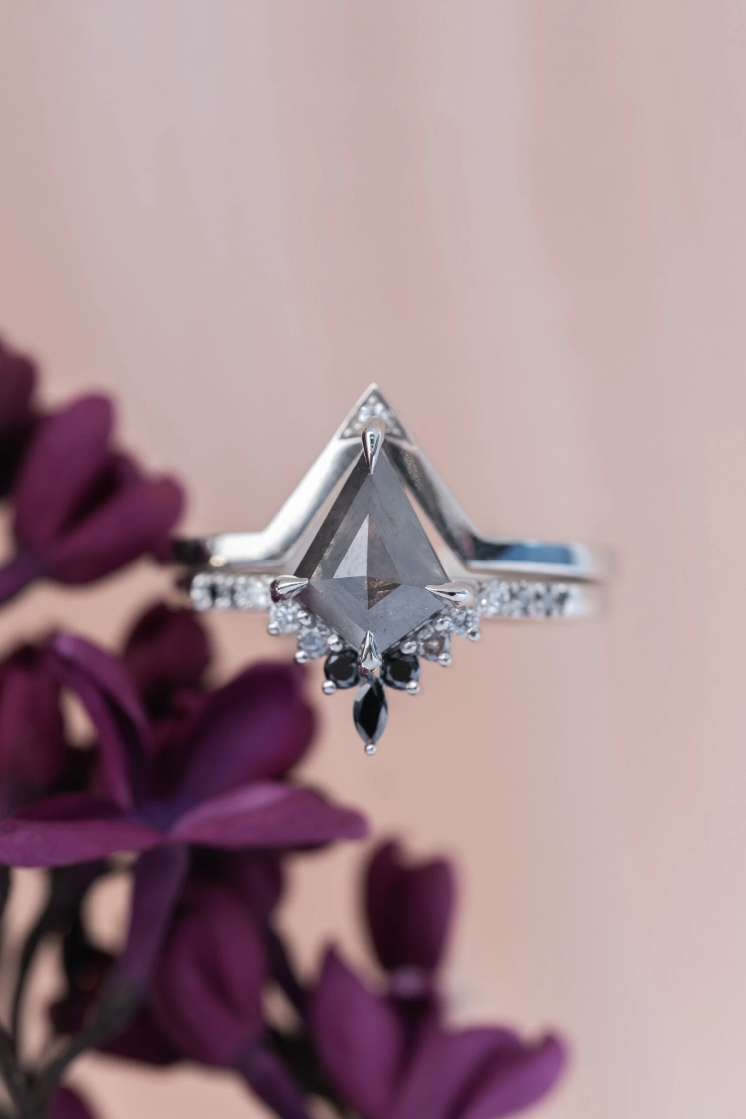 .97 Carat Black Speckled Kite Diamond Engagement Ring, Ombre Avaline Setting, Platinum - Image 4
