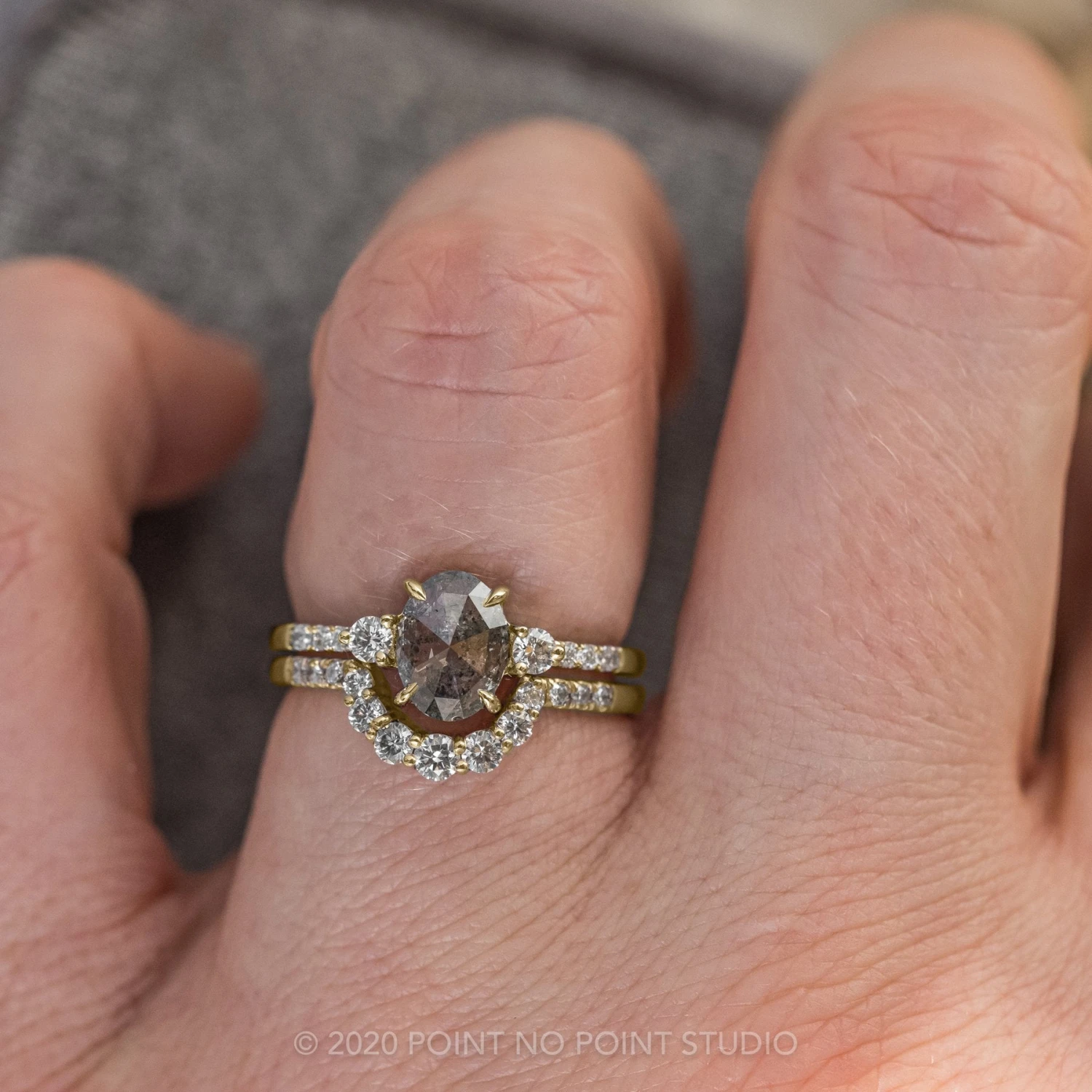 1.45 Carat Salt And Pepper Oval Diamond Engagement Ring, Eliza Setting, 14K Yellow Gold - Image 2