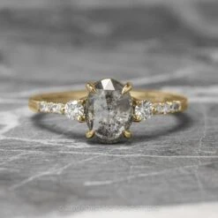 1.45 Carat Salt And Pepper Oval Diamond Engagement Ring, Eliza Setting, 14K Yellow Gold