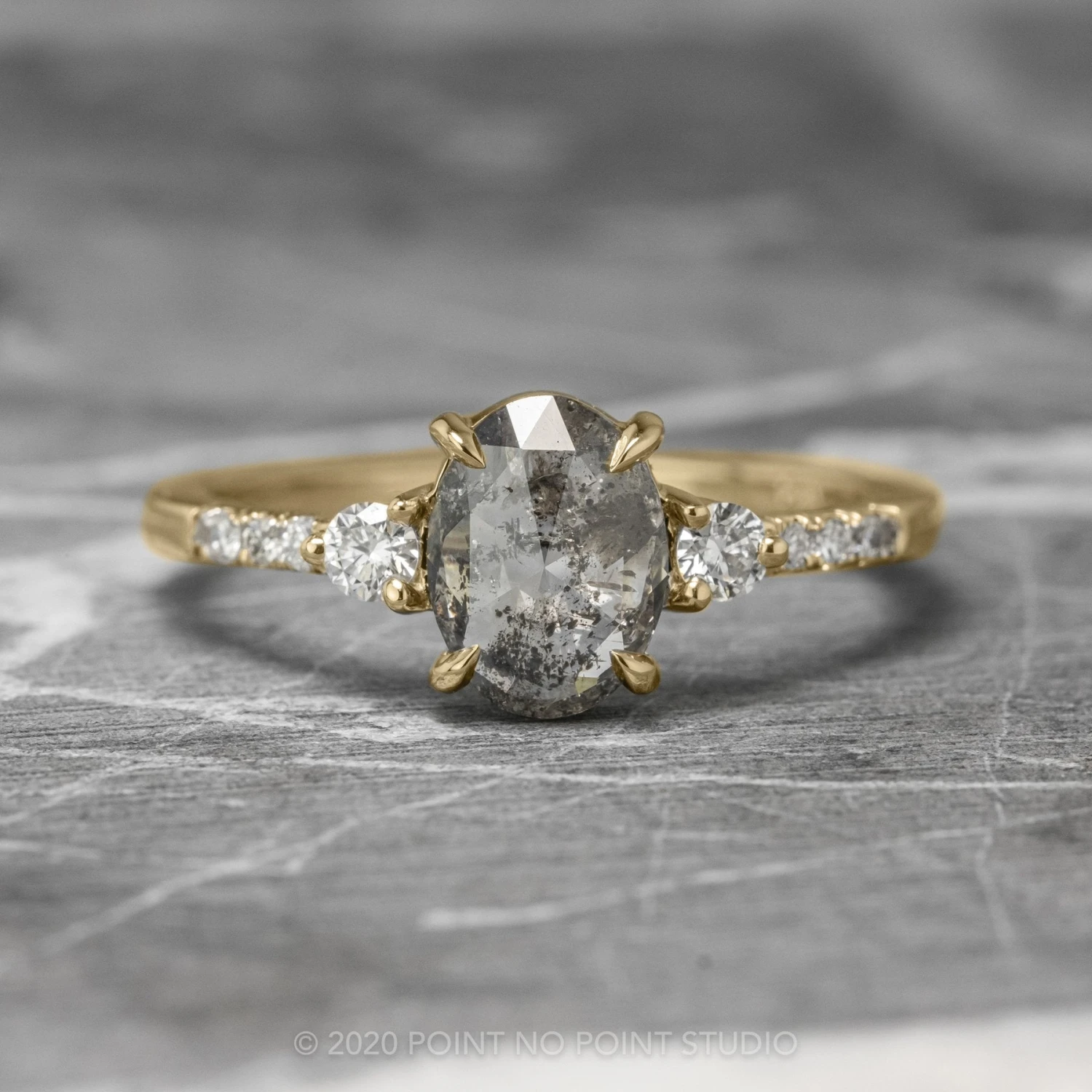 1.45 Carat Salt And Pepper Oval Diamond Engagement Ring, Eliza Setting, 14K Yellow Gold