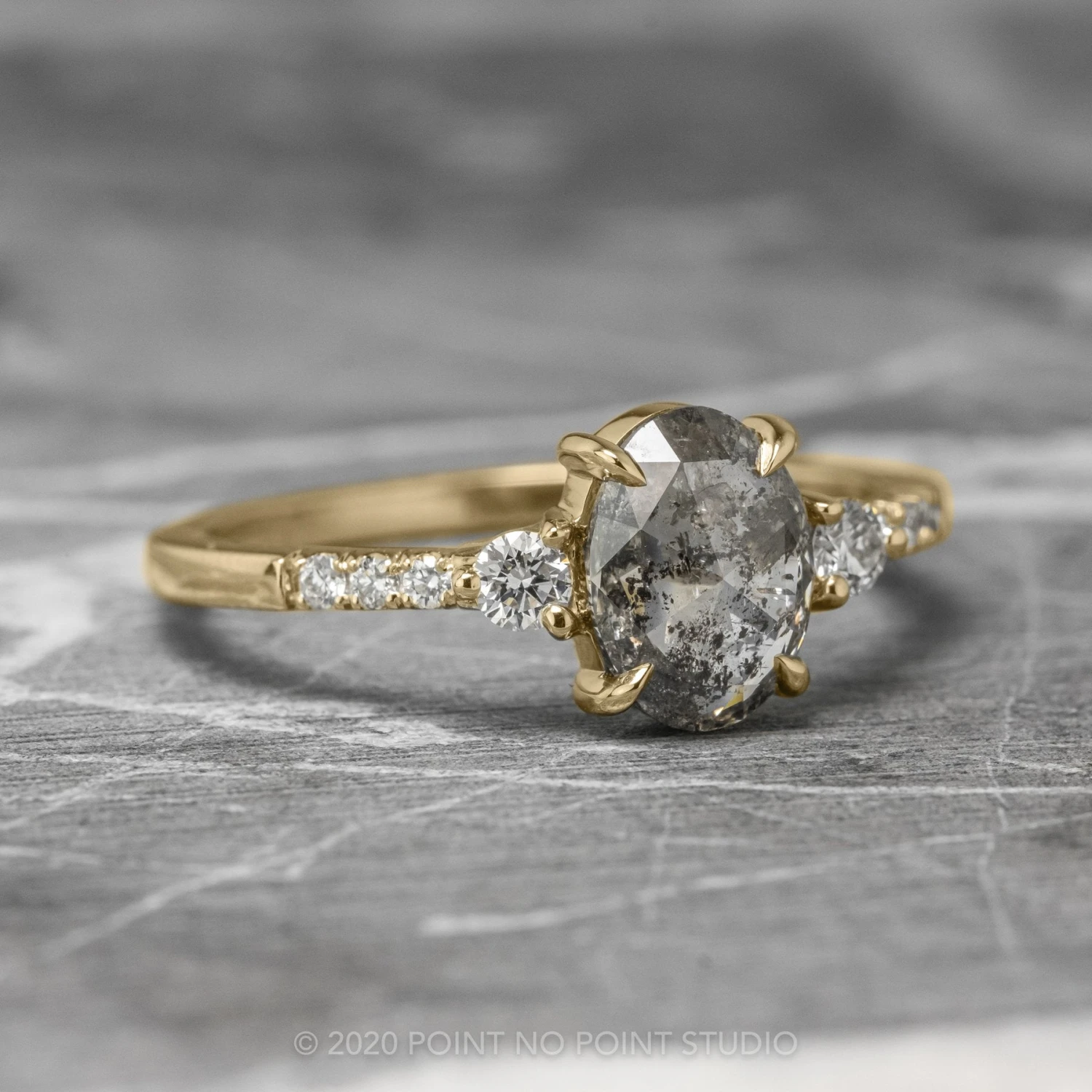 1.45 Carat Salt And Pepper Oval Diamond Engagement Ring, Eliza Setting, 14K Yellow Gold - Image 9