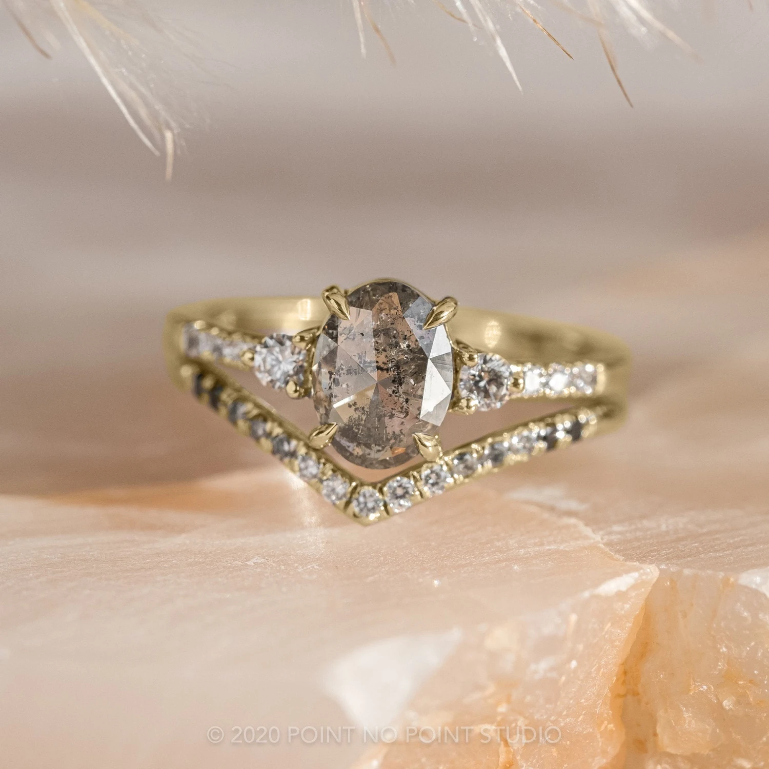 1.45 Carat Salt And Pepper Oval Diamond Engagement Ring, Eliza Setting, 14K Yellow Gold - Image 3