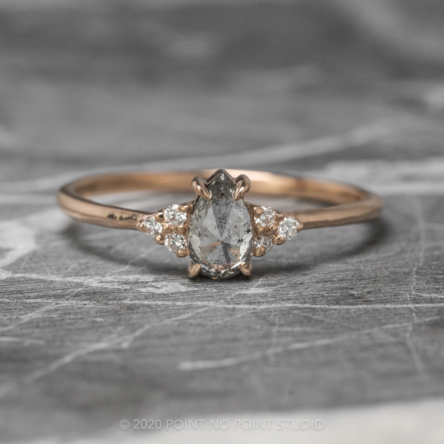 .84 Carat Salt And Pepper Pear Diamond Engagement Ring, Quinn Setting, 14K Rose Gold