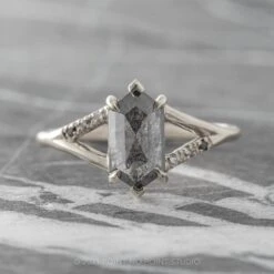 1.90 Carat Black Speckled Hexagon Diamond Engagement Ring, Ombre Sirena Setting, 14K White Gold