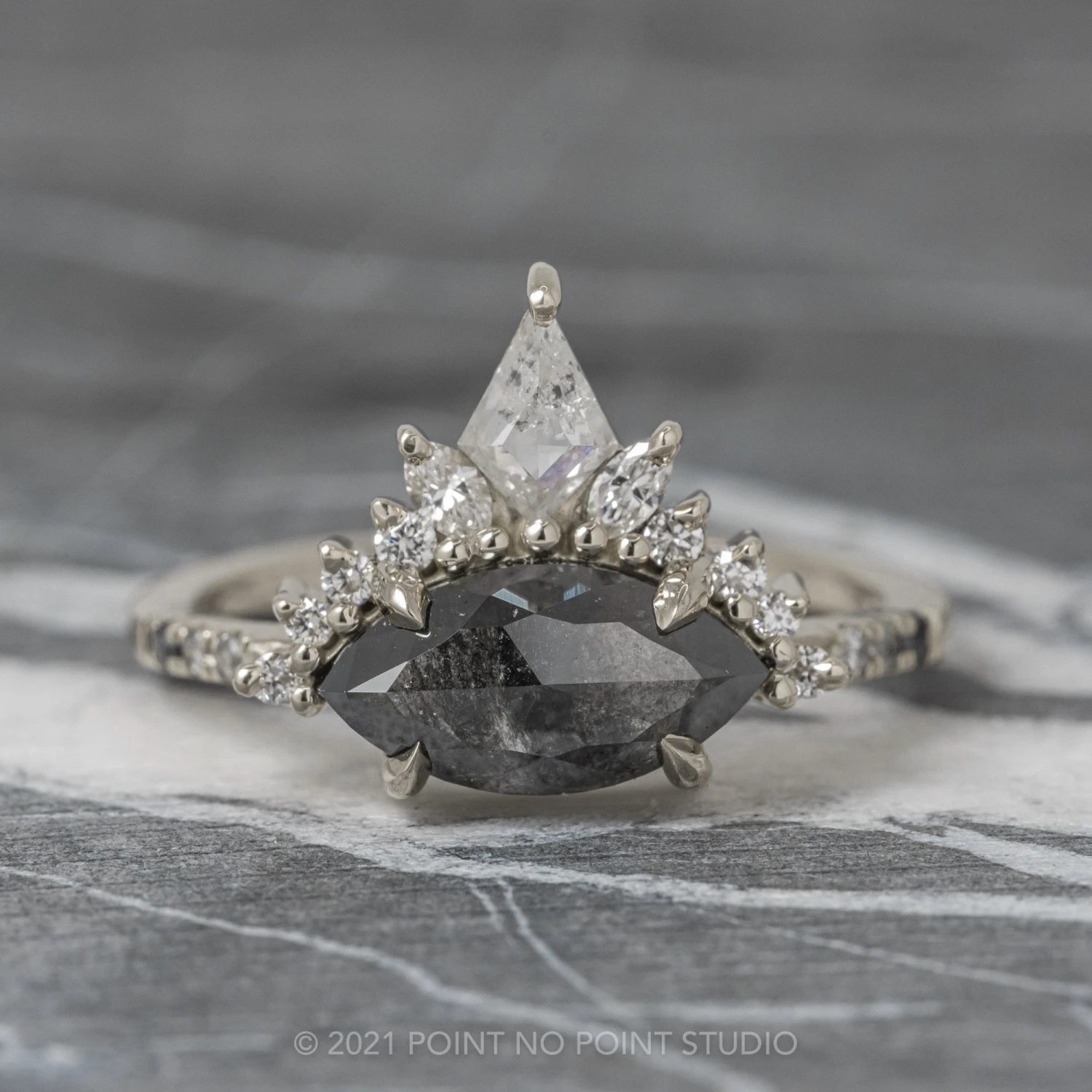 1.89 Carat Black Speckled Marquise Diamond Engagement Ring, Ombre Avaline Setting, Platinum