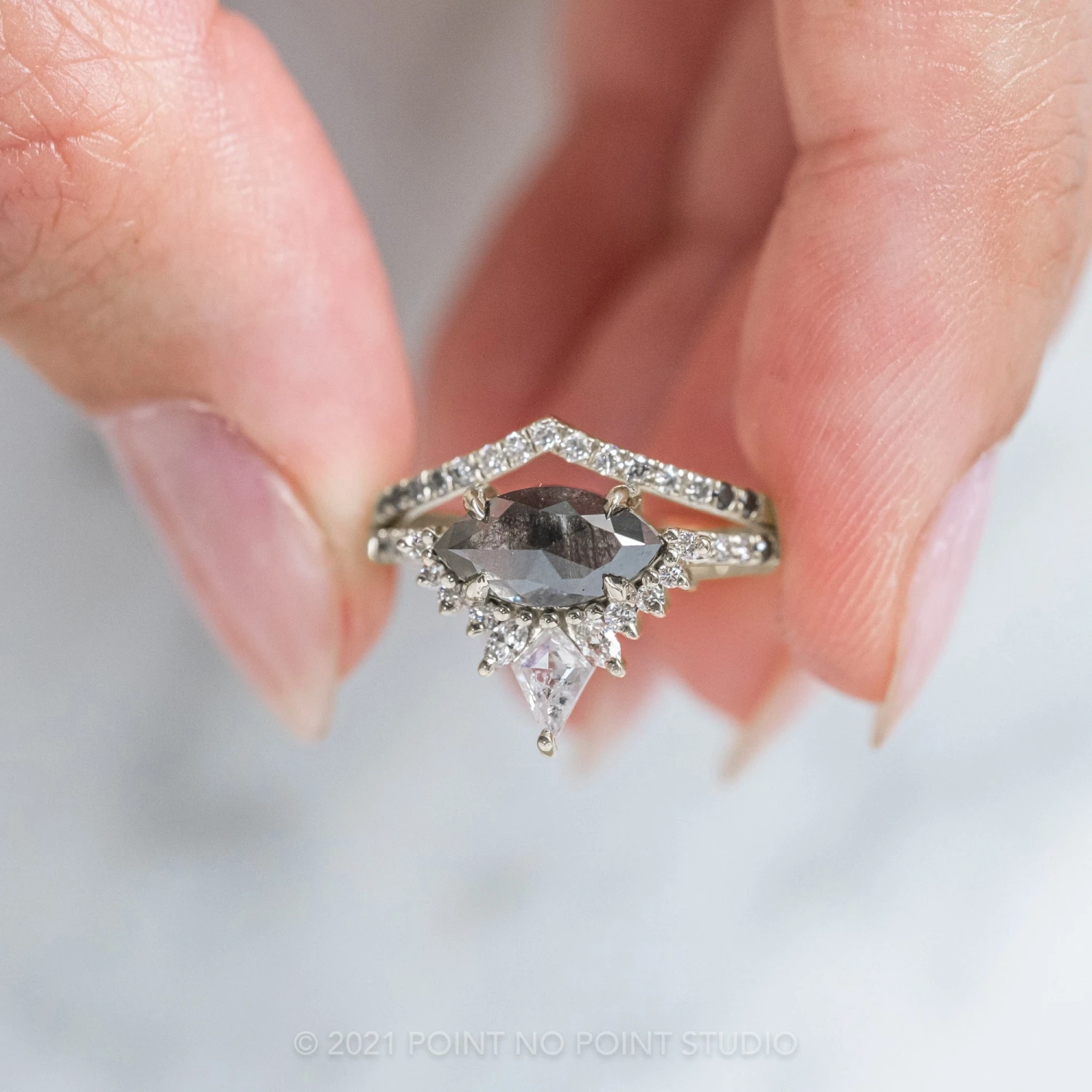 1.89 Carat Black Speckled Marquise Diamond Engagement Ring, Ombre Avaline Setting, Platinum - Image 2