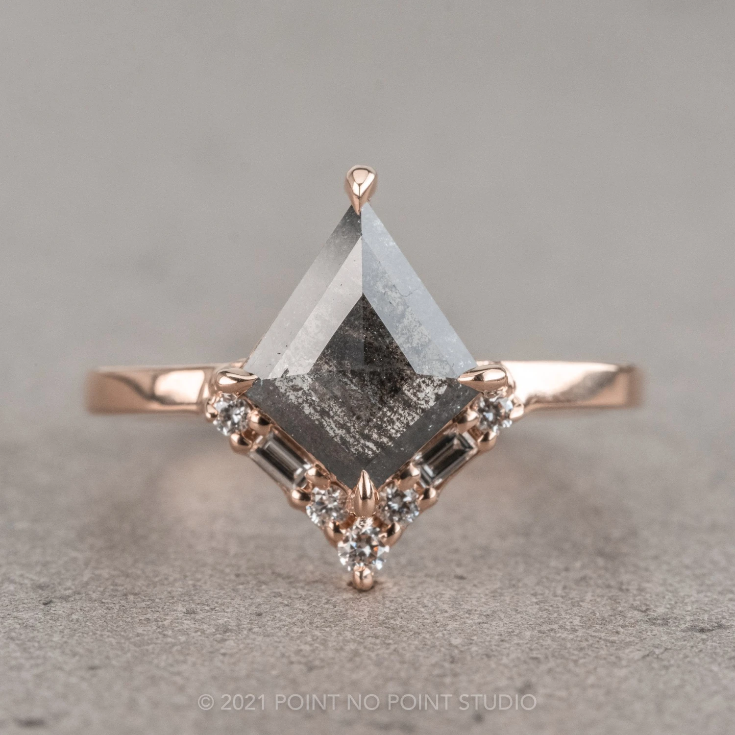 1.14 Carat Black Speckled Kite Diamond Engagement Ring, Paloma Setting, 14K Rose Gold