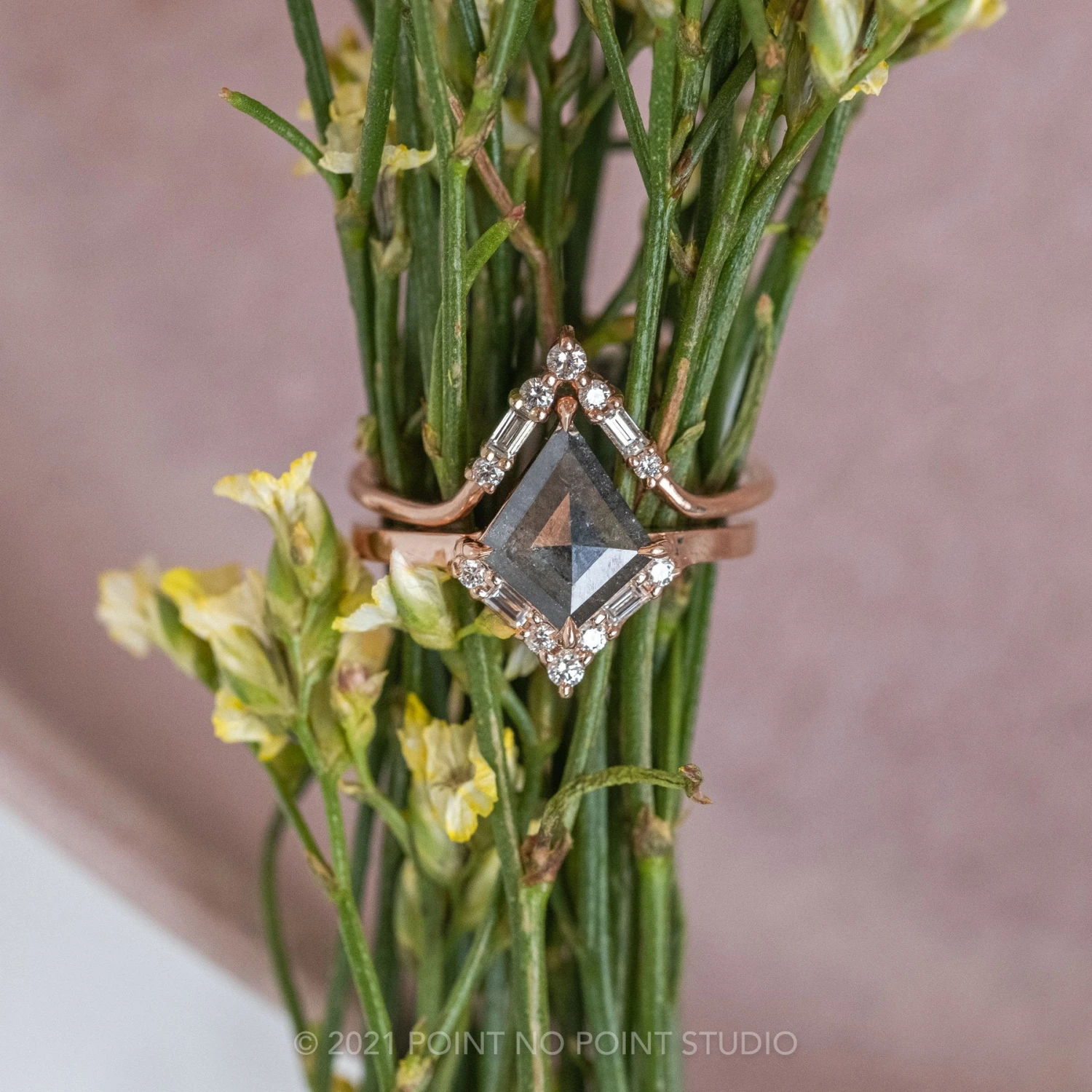 1.14 Carat Black Speckled Kite Diamond Engagement Ring, Paloma Setting, 14K Rose Gold - Image 3