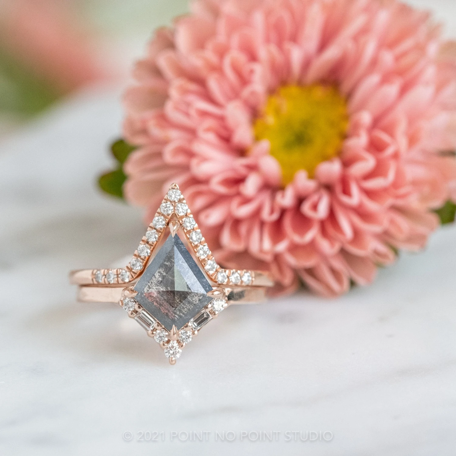 1.14 Carat Black Speckled Kite Diamond Engagement Ring, Paloma Setting, 14K Rose Gold - Image 4