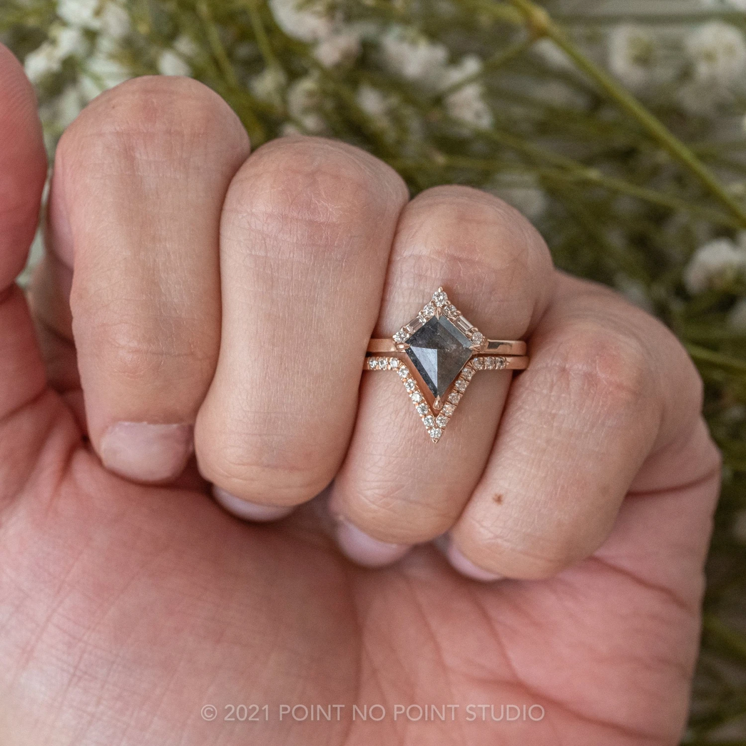1.14 Carat Black Speckled Kite Diamond Engagement Ring, Paloma Setting, 14K Rose Gold - Image 2