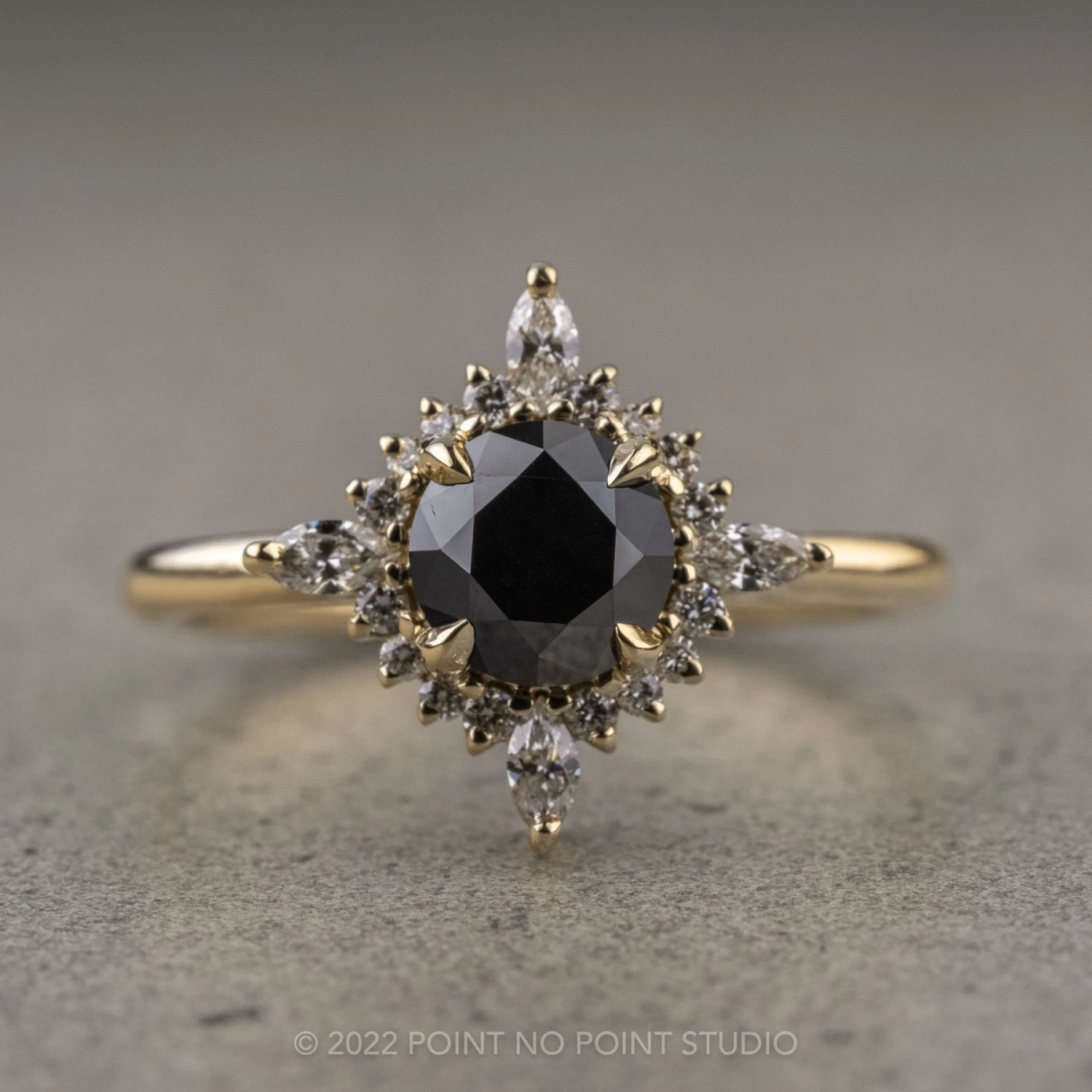 1.15 Carat Black Round Diamond Engagement Ring, Cosette Setting, 14K Yellow Gold