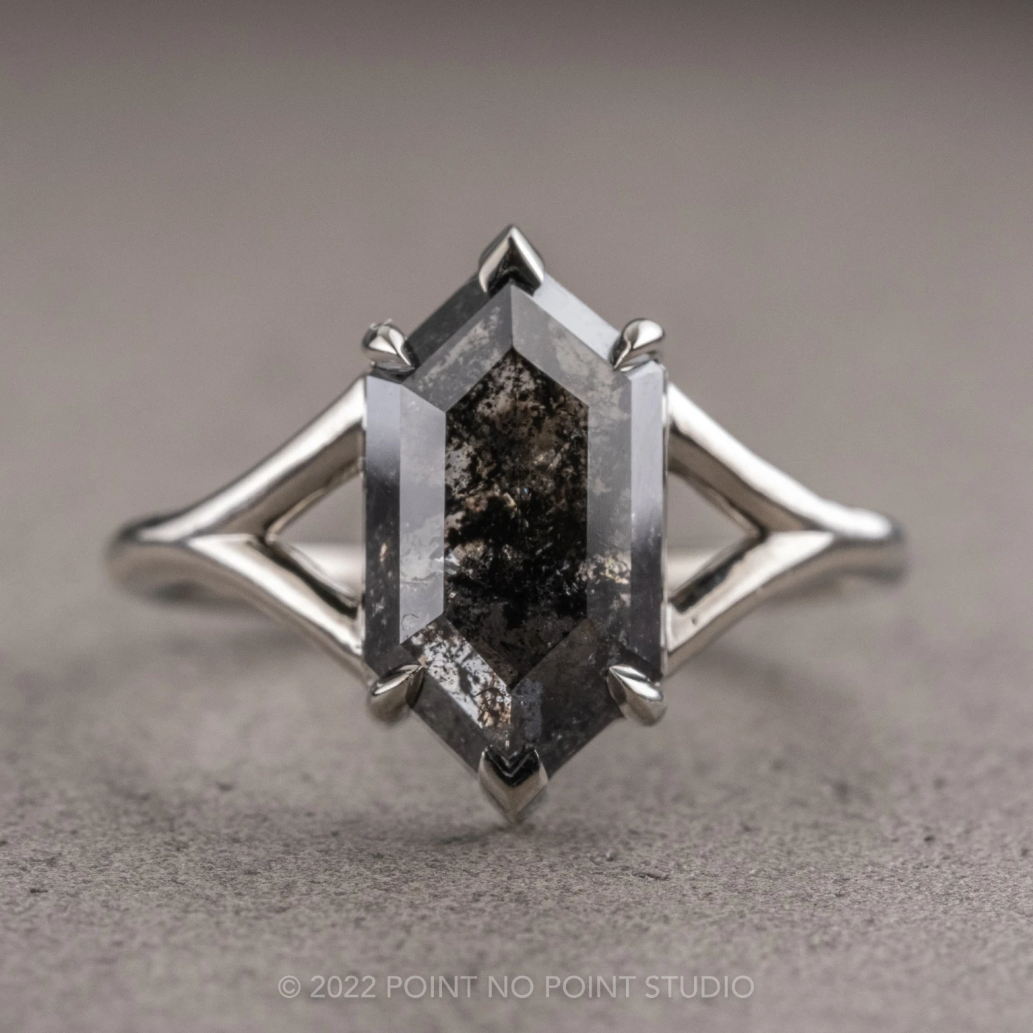 1.84 Carat Black Speckled Hexagon Diamond Engagement Ring, Charlize Setting, 14K White Gold