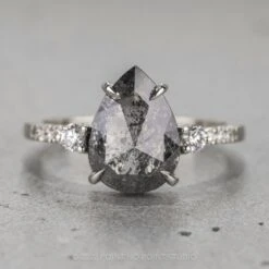 3.56 Carat Salt And Pepper Pear Diamond Engagement Ring, Eliza Setting, 14K White Gold