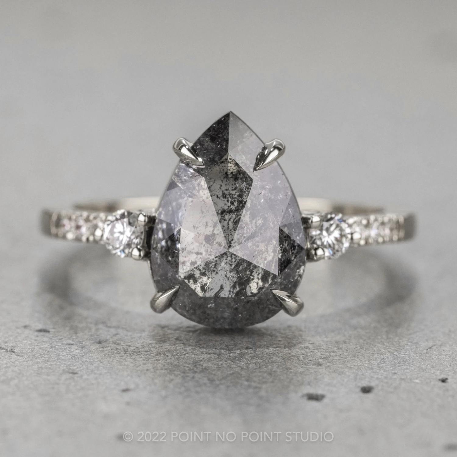 3.56 Carat Salt And Pepper Pear Diamond Engagement Ring, Eliza Setting, 14K White Gold