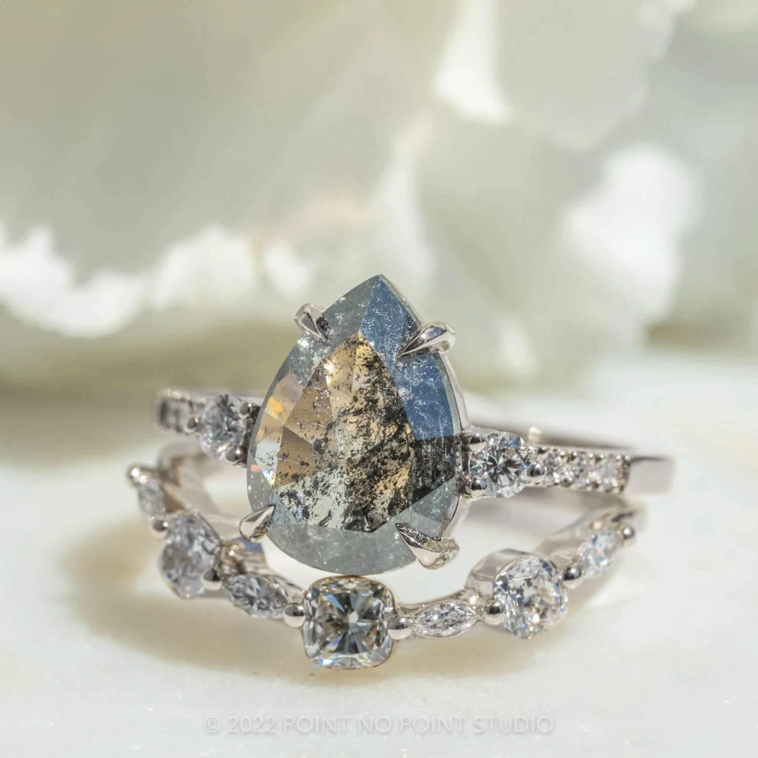 3.56 Carat Salt And Pepper Pear Diamond Engagement Ring, Eliza Setting, 14K White Gold - Image 3