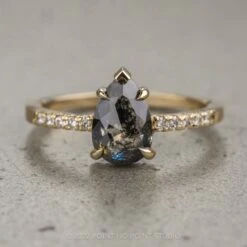 1.78 Carat Black Speckled Pear Diamond Engagement Ring, Jules Setting, 14K Yellow Gold
