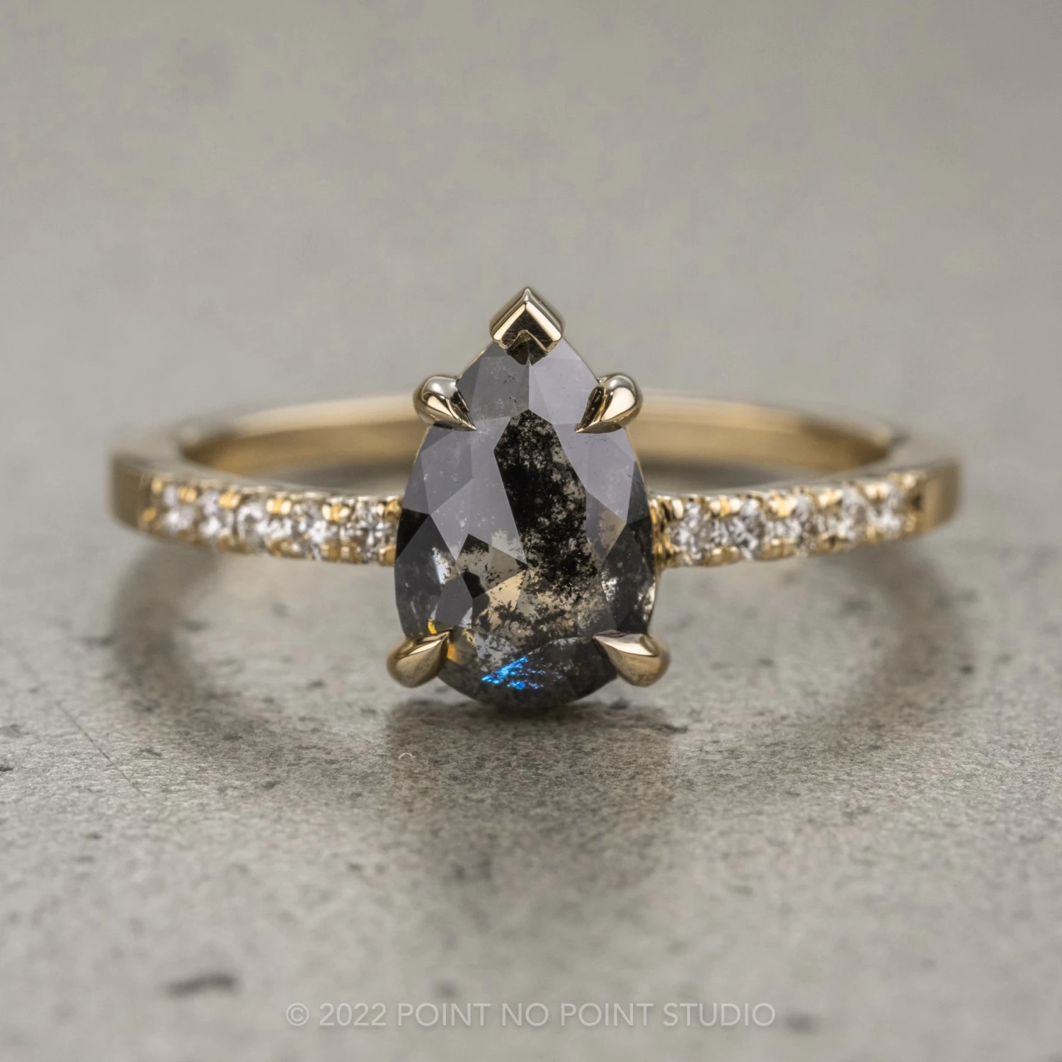 1.78 Carat Black Speckled Pear Diamond Engagement Ring, Jules Setting, 14K Yellow Gold