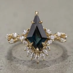 1.86 Carat Teal Kite Sapphire And Diamond Engagement Ring, Quinnie Setting, 14K Yellow Gold