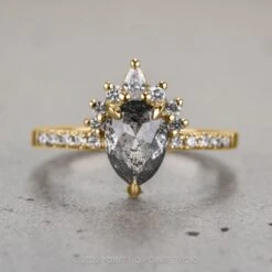 1.26 Carat Black Speckled Pear Diamond Engagement Ring, Avaline Setting, 14K Yellow Gold