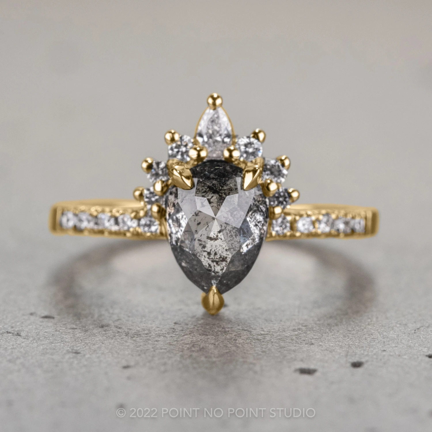 1.26 Carat Black Speckled Pear Diamond Engagement Ring, Avaline Setting, 14K Yellow Gold