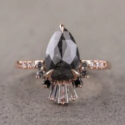 1.40 Carat Black Speckled Pear Diamond Engagement Ring, Ombre Wren Setting, 14K Rose Gold