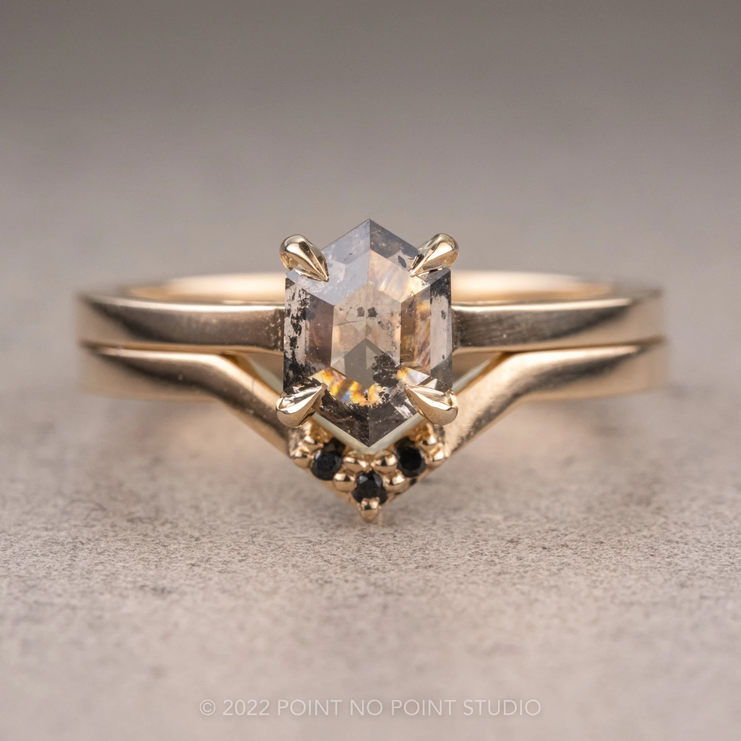 1.04 Carat Salt And Pepper Hexagon Diamond Engagement Ring, Lark Setting, 14K Yellow Gold - Image 6