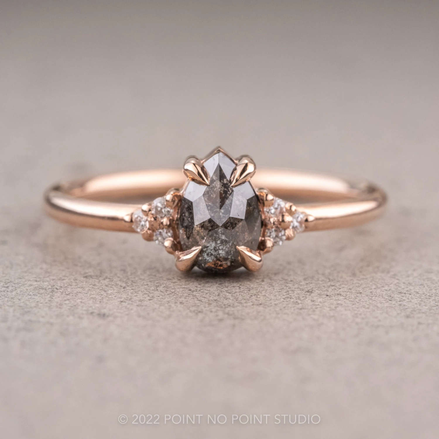 .85 Carat Salt And Pepper Pear Diamond Engagement Ring, Quinn Setting, 14k Rose Gold
