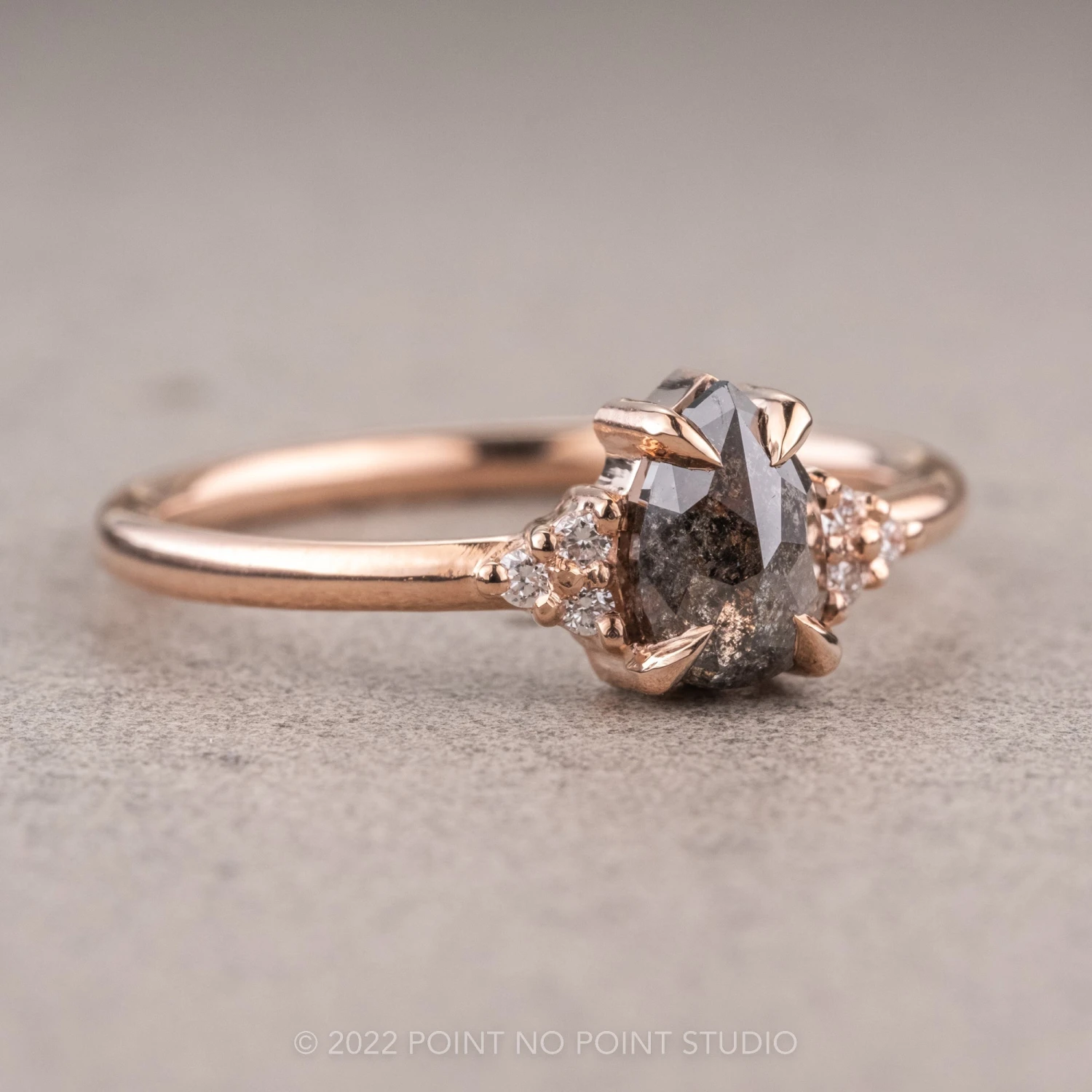 .85 Carat Salt And Pepper Pear Diamond Engagement Ring, Quinn Setting, 14k Rose Gold - Image 3