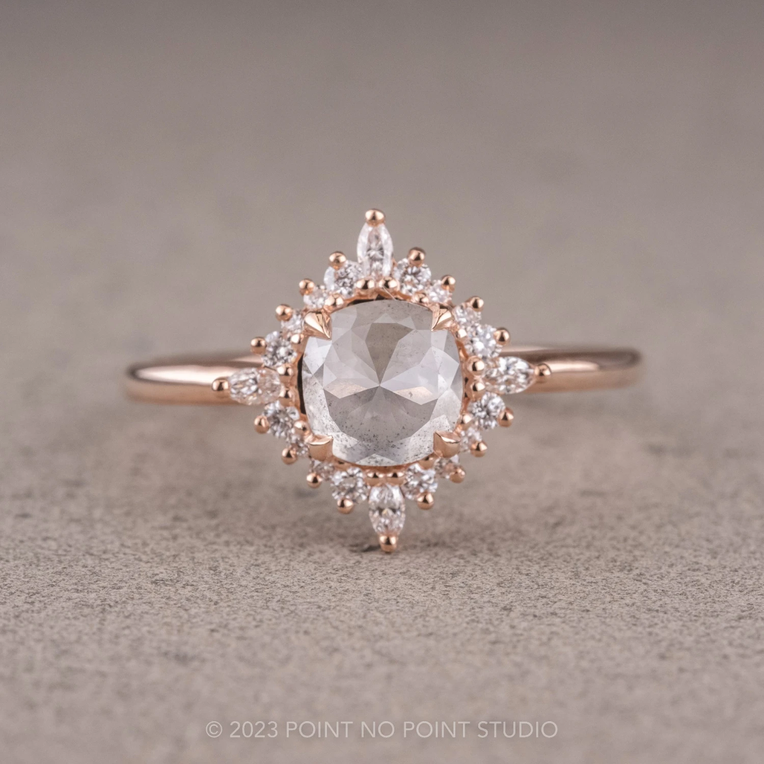 1.42 Carat Icy Grey Diamond Engagement Ring, Cosette Setting, 14k Rose Gold