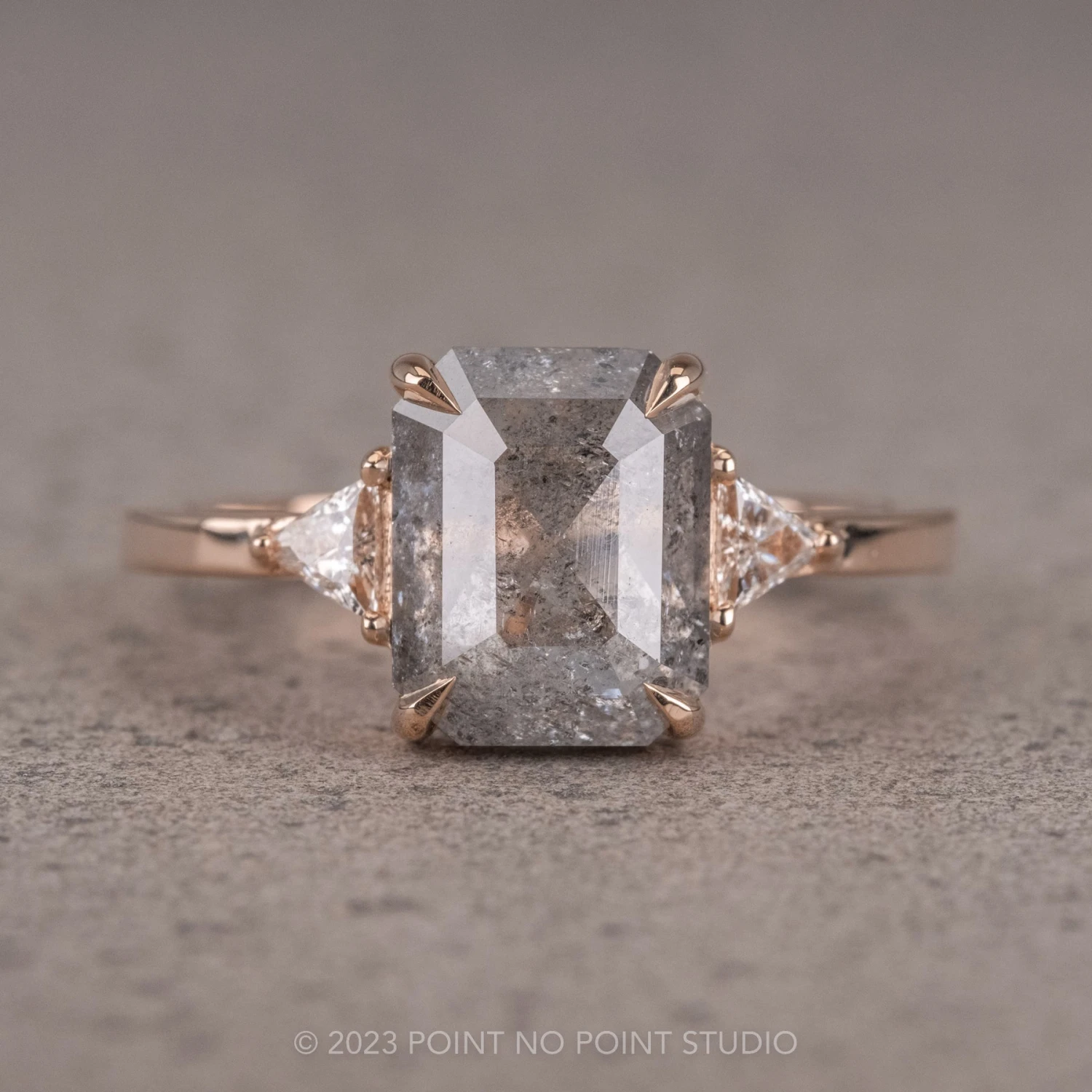 1.53 Carat Salt And Pepper Emerald Cut Diamond Engagement Ring, Zoe Setting, 14K Rose Gold