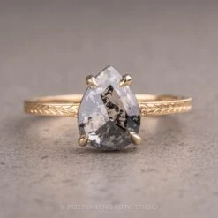 1.15 Carat Salt And Pepper Pear Diamond Engagement Ring, Engraved Jane Setting, 14K Yellow Gold