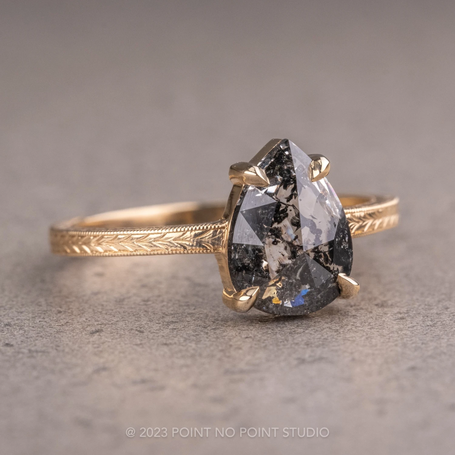 1.15 Carat Salt And Pepper Pear Diamond Engagement Ring, Engraved Jane Setting, 14K Yellow Gold - Image 7