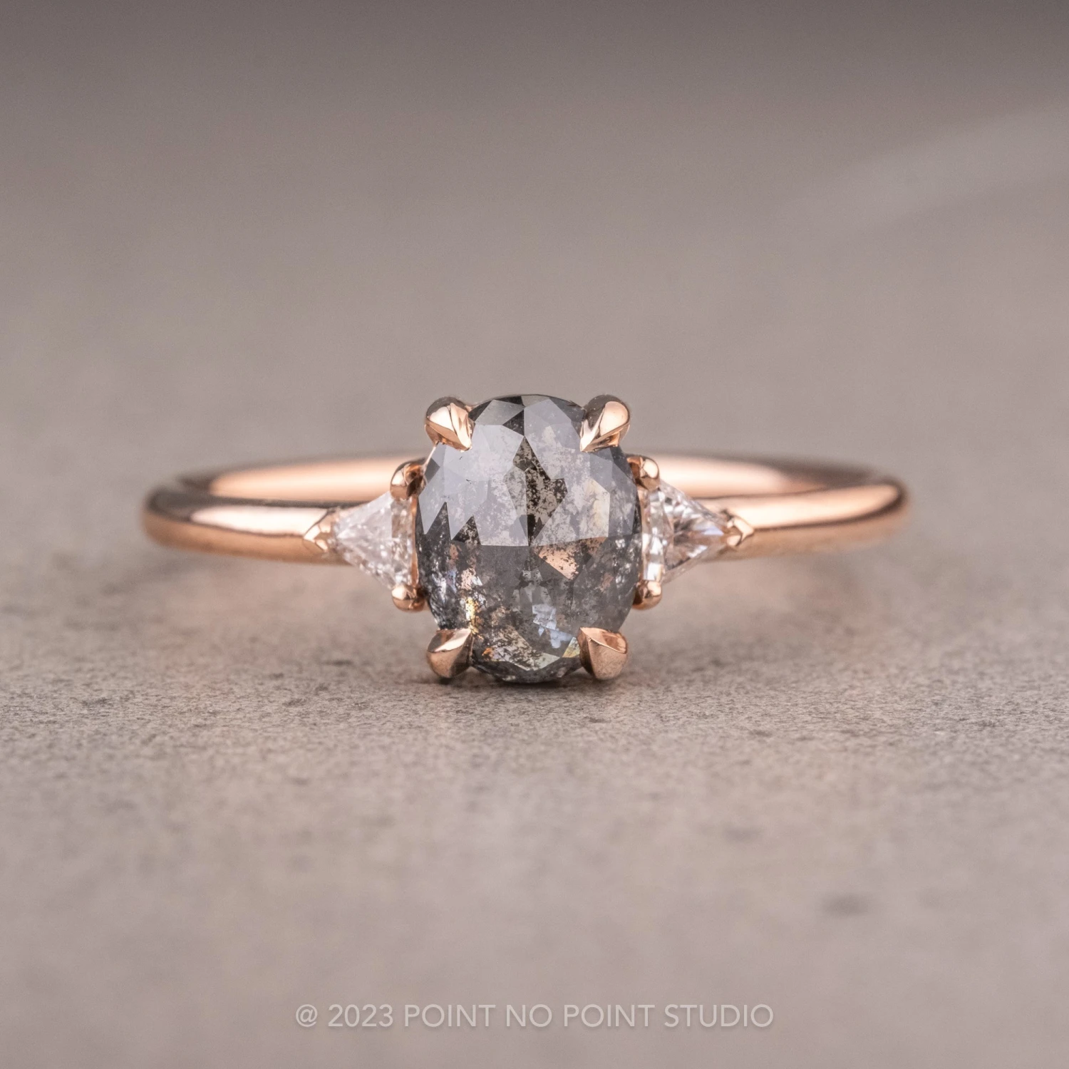 1.03 Carat Salt And Pepper Oval Diamond Engagement Ring, Zoe Setting, 14K Rose Gold