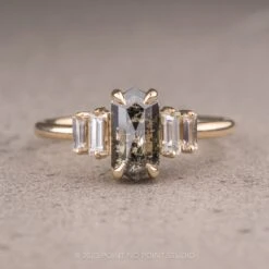1.54 Carat Black Speckled Hexagon Diamond Engagement Ring, Betty Setting, 14k Yellow Gold