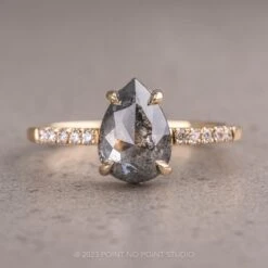 1.48 Carat Salt And Pepper Pear Diamond Engagement Ring, Jules Setting,14k Yellow Gold