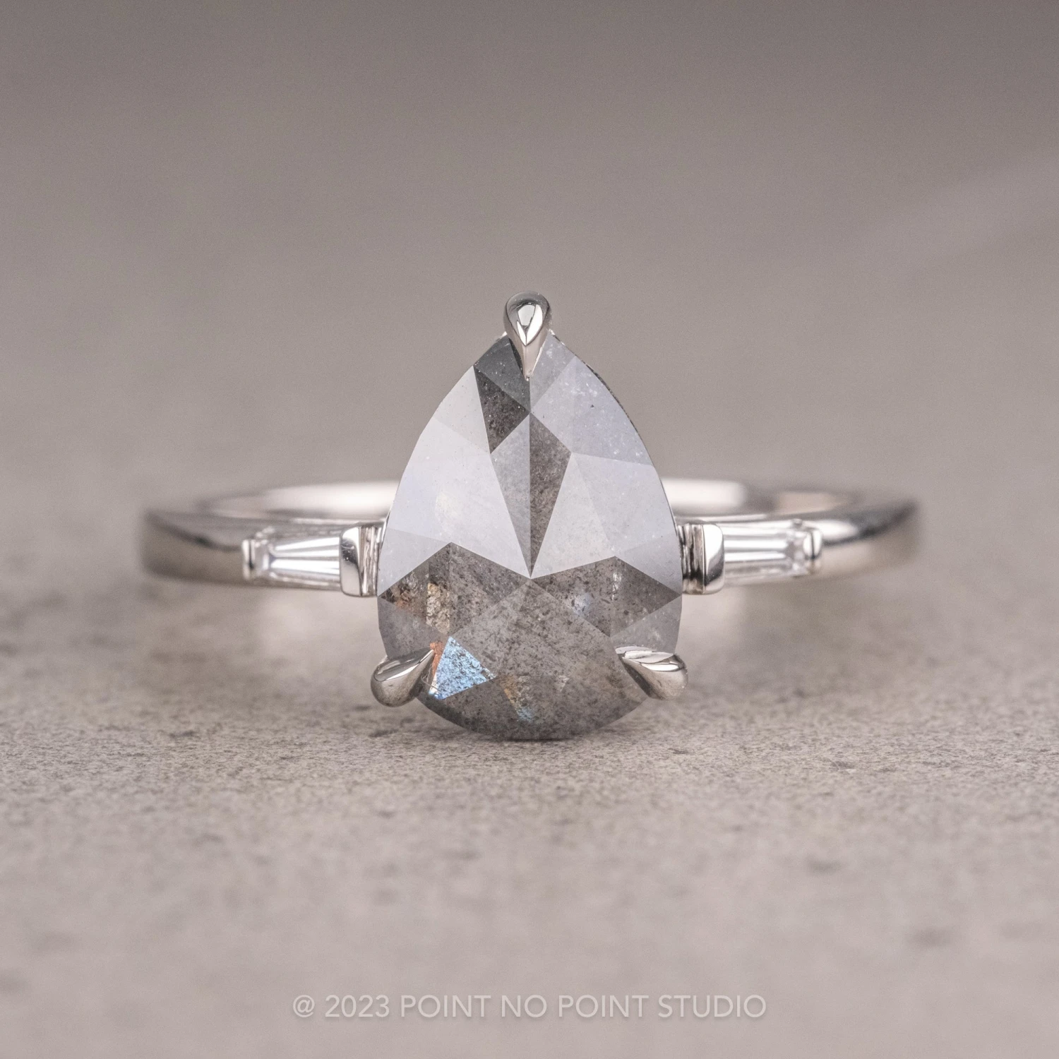 1.70 Carat Salt And Pepper Pear Diamond Engagement Ring, Zoe Setting, Platinum